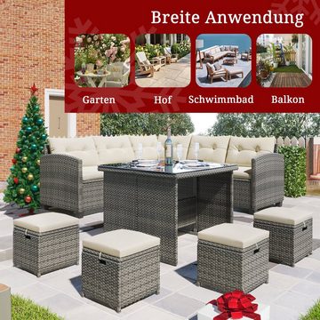 JOIVI Gartenlounge-Set Rattan Sitzgruppe 2xBänke,1 x Eckstuhl,1xGlastischplatte,4xHocker