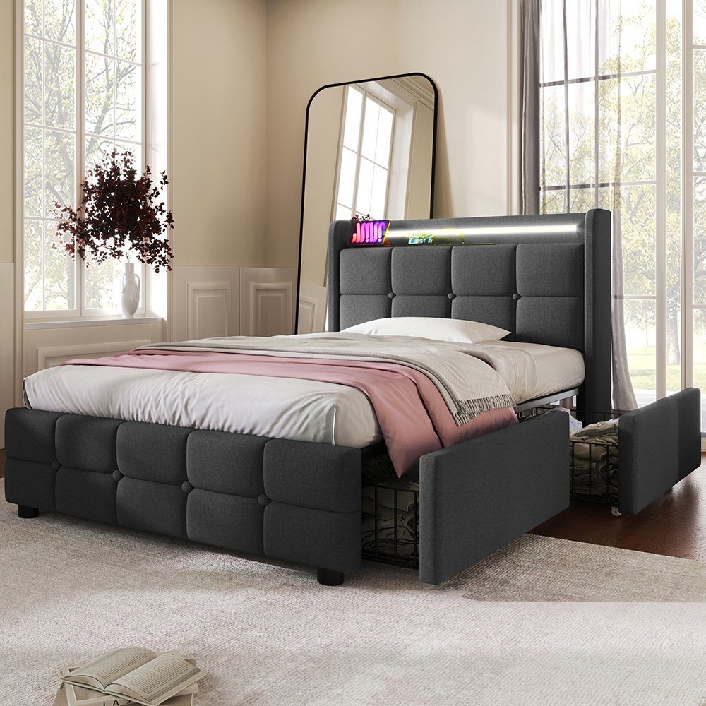 Polsterbett (Stauraumbett mit Lattenrost), Einzelbett 90x200cm mit LED-Beleuchtung, Ladefunktion und 2 Schubladen