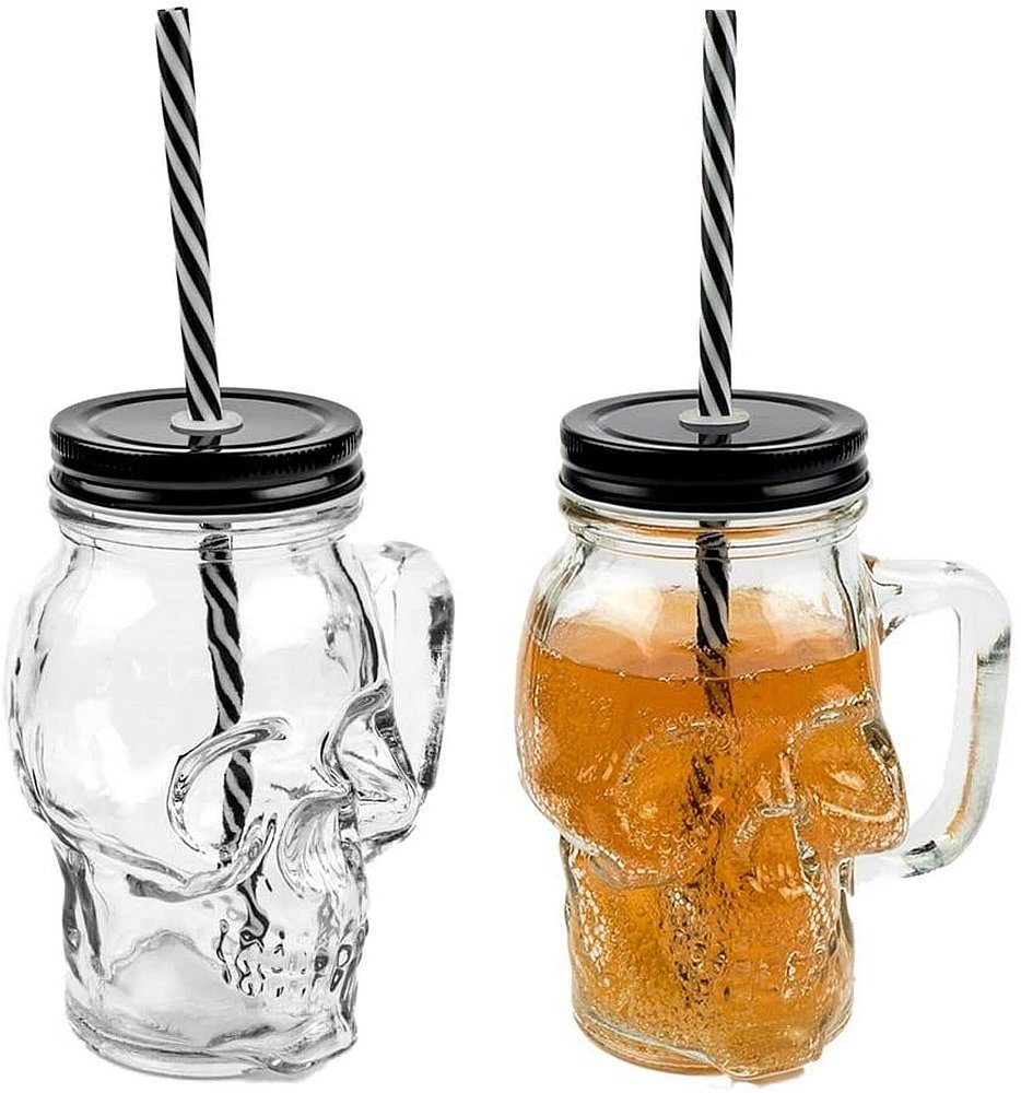 Sinoba Gläser-Set 3D Totenkopf Glas Trinkglas Set Trinkgläser mit Deckel und stabilem Strohhalm für Garten Party Halloween Sommer Grill Deko 450ml