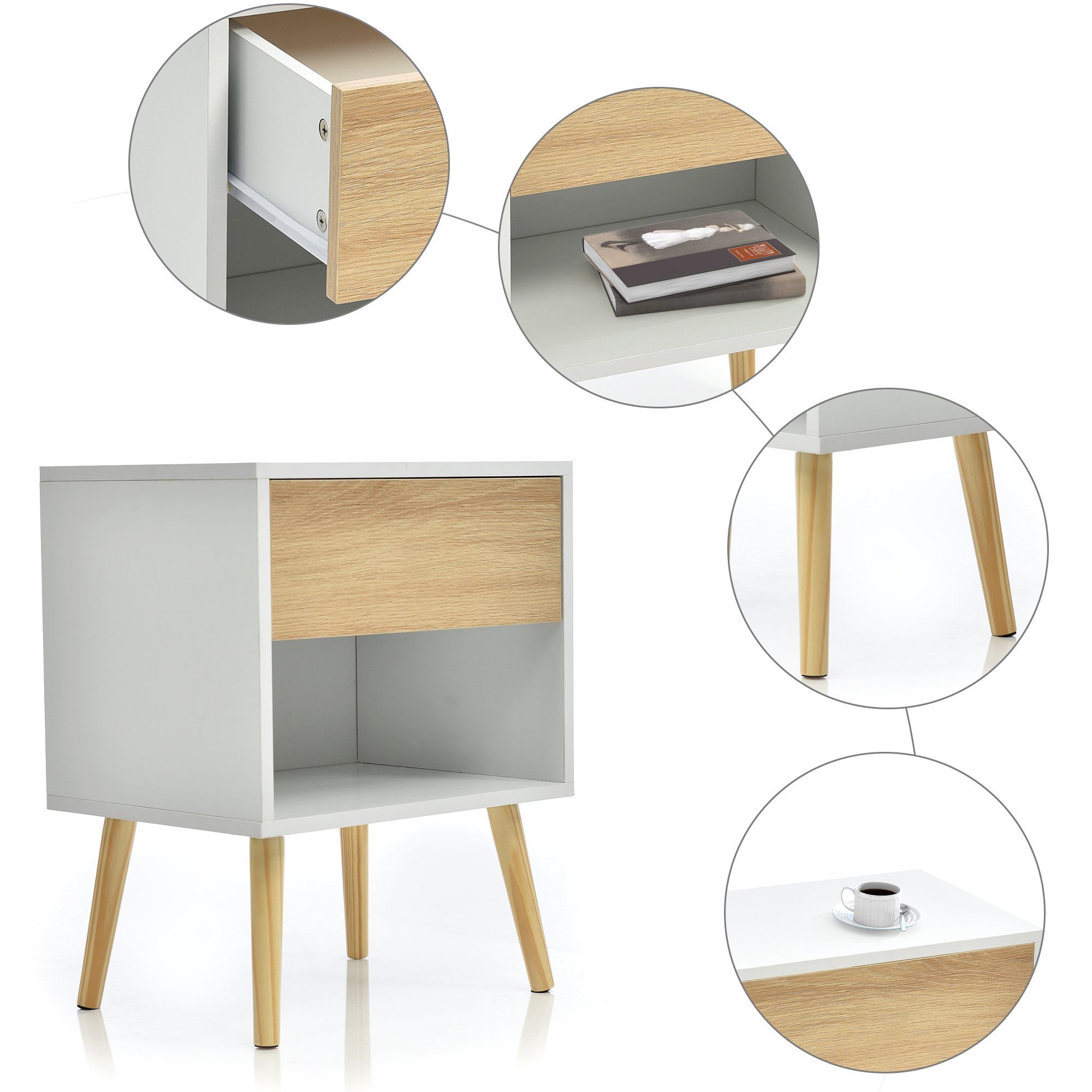 Nachttisch (2-St., Beistelltisch), Nachtschrank Kommode mit Schublade & offenem Fach, Massivholz
