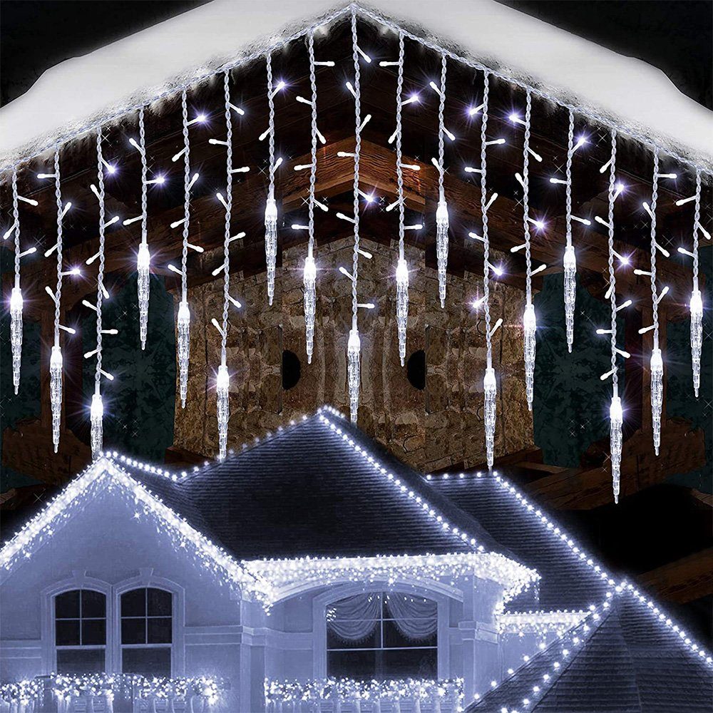 Rosnek LED-Lichtervorhang Eiszapfen-Anhänger, wasserdicht, 8 Modi, für Traufe Weihnachtsdeko, Memory-Funktion; anschließbar Weiß
