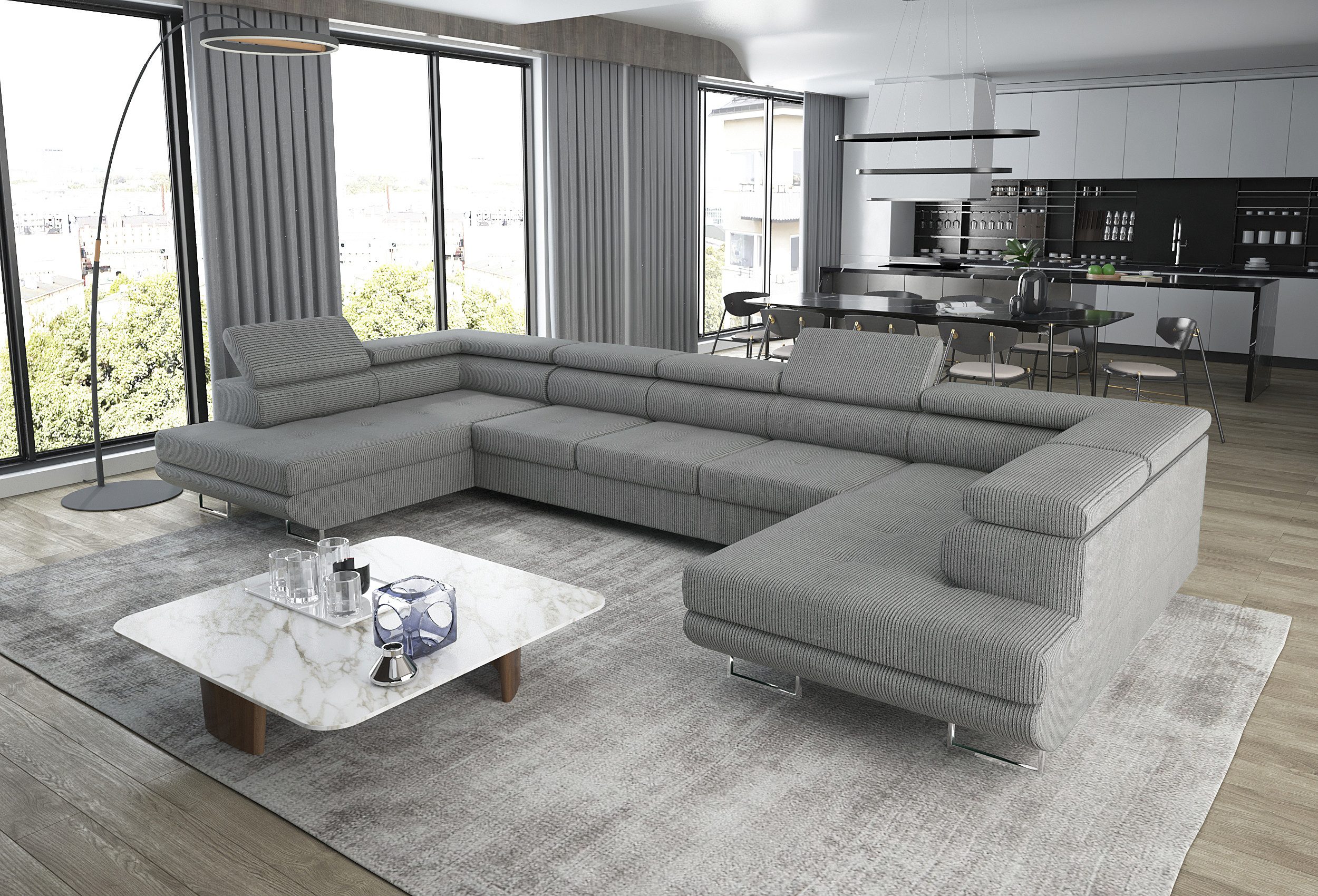 Goldstoff Wohnlandschaft "ASTON" U Form mit Schlaffunktion XXL Couch Sofa, Komfortable U Form Couch mit Bettkasten und Schlaffunktion 1 Teile, U Form Sofa mit Bettkasten moderne Wohnlandschaft Couch XXL
