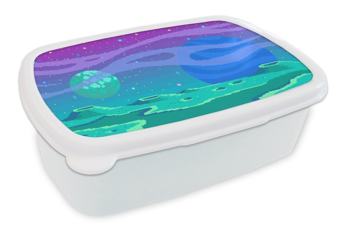 MuchoWow Lunchbox Spiele - Pixel Art - Mond, Kunststoff, (2-tlg), Brotbox für Kinder und Erwachsene, Brotdose, für Jungs und Mädchen weiß