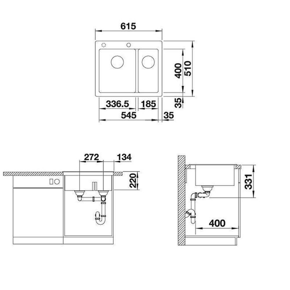 Silgranit, Einbauspüle 6 cm Blanco 61,5/51 Split Ablaufsystem, BLANCO felsgrau InFino PLEON Granitspüle