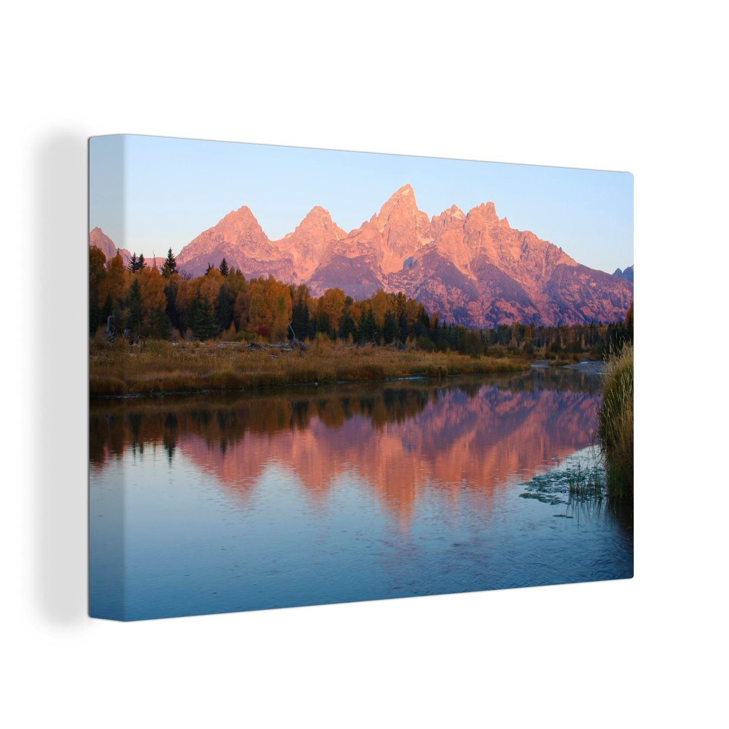 OneMillionCanvasses® Leinwandbild Die farbenfrohen Berge der Teton Mountains spiegeln sich in einem, (1 St), Wandbild Leinwandbilder, Aufhängefertig, Wanddeko, 30x20 cm