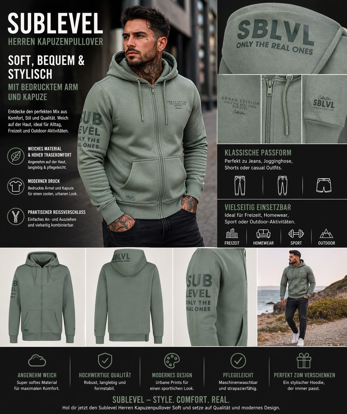 SUBLEVEL Kapuzenpullover Herren mit Reißverschluss Zipper Hoody Jacke Super Soft S-XXL Perfekte Passform Hochwertige Verarbeitung, Angenehm weich & bequem