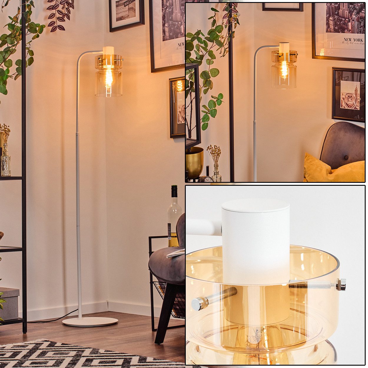 hofstein Stehlampe Stehlampe aus Metall/Glas in Weiß/Bernstein/Klar mit Fuß günstig online kaufen