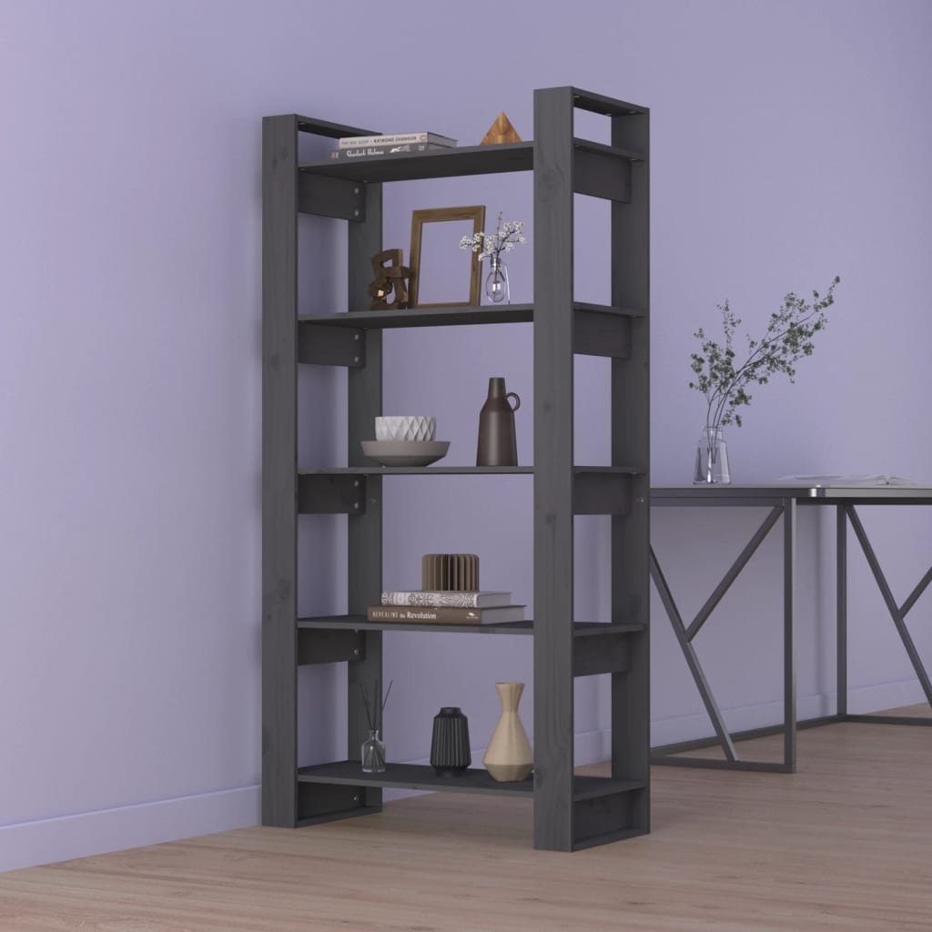 furnicato Bücherregal Vielseitiges aus massivem Kiefernholz 80x35x160 cm Grau, 1-tlg., Robuster Raumteiler mit viel Stauraum und inkludierten Wandhalterung