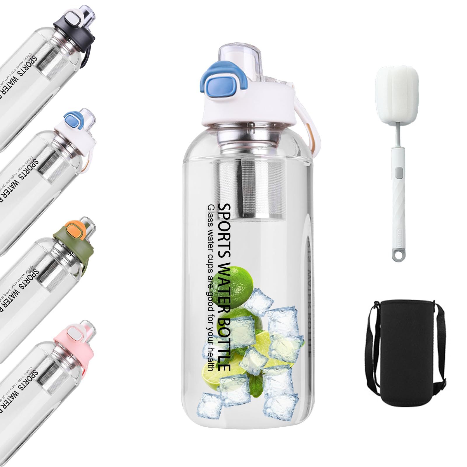 Coonoor Trinkflasche Glasflasche,Wasserflasche mit Filter & Bürste, BPA-Frei, Trinkflasche, Sport Auslaufsicher, für Fitness, Büro, Schule, Yoga,
