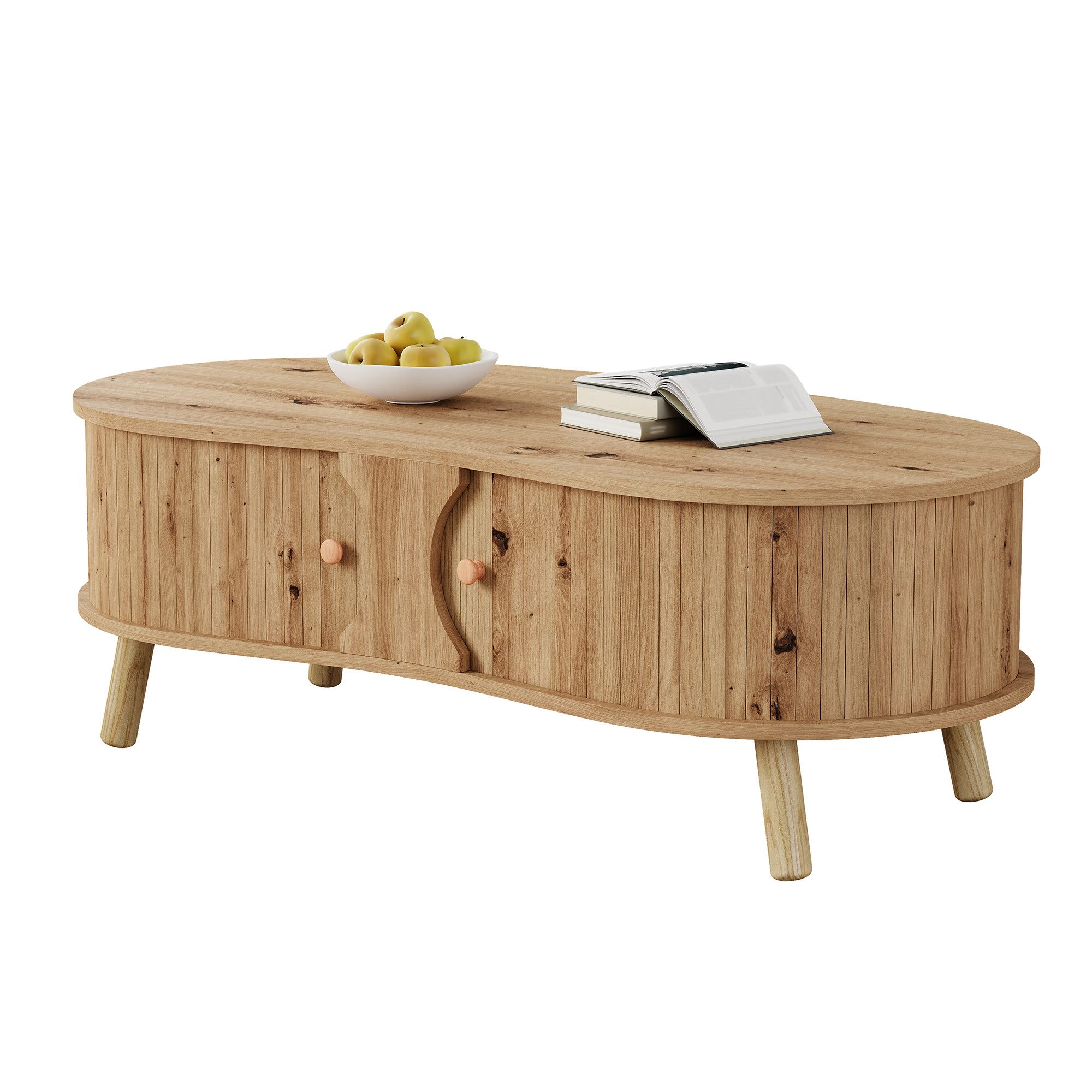 Merax Couchtisch mit Erbsenform mit Rillenoptik, Sofatisch in Holzoptik (1-St., 108 x 50 x 37 cm), Wohnzimmertisch mit 2 Schiebetüren, Stauraum & Massivholzbeine