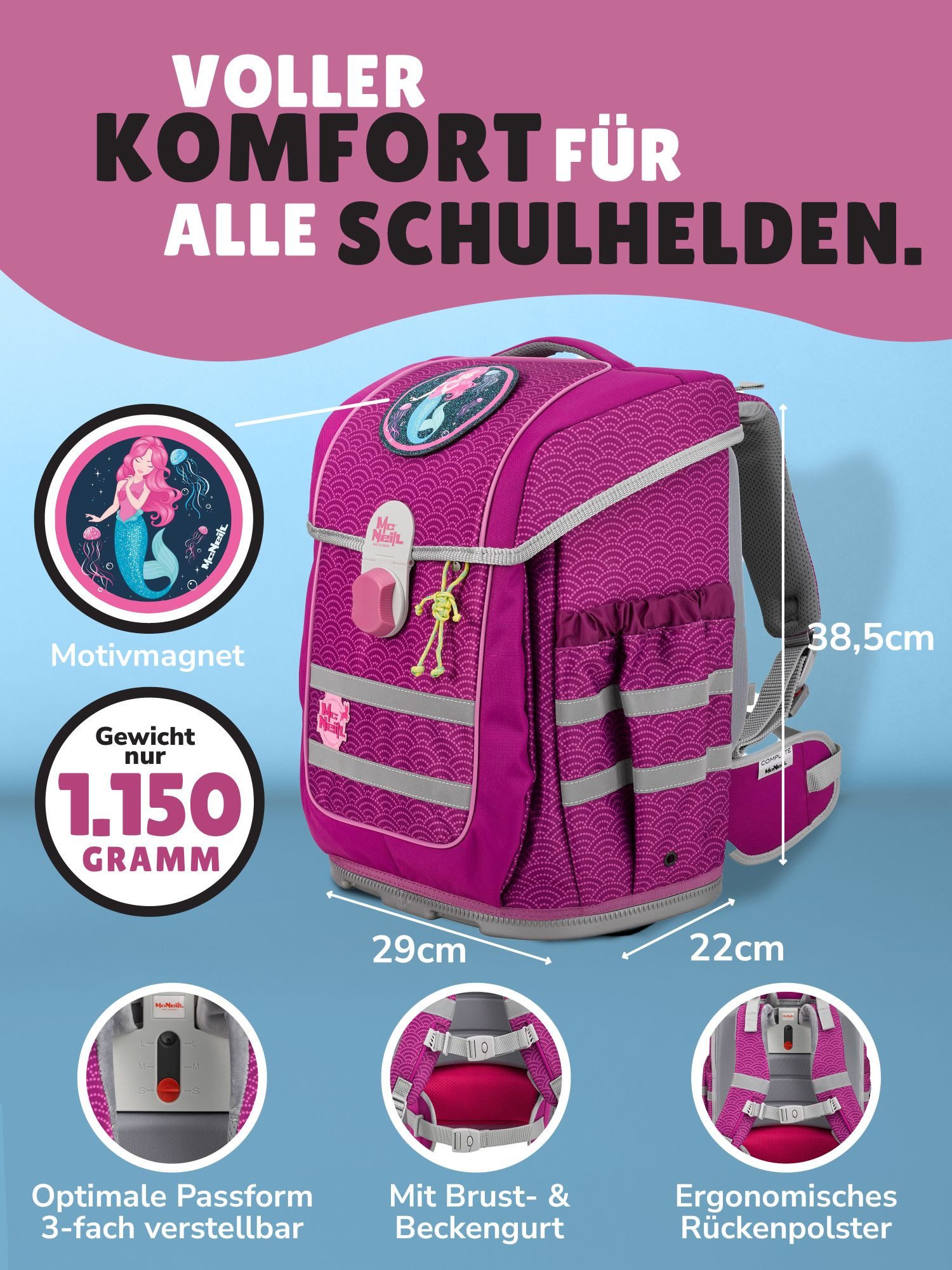McNeill Schulranzen Ergo Complete 1.-4. Klasse ergonomisch, leicht, Volumen 20 Liter (Set, 6-tlg., inkl. Federmäppchen, Turnbeutel, Schlamper und Motivmagnet), ClickFlex-Rückensystem, Reflektoren; inkl. McAddy Meerjungfrau