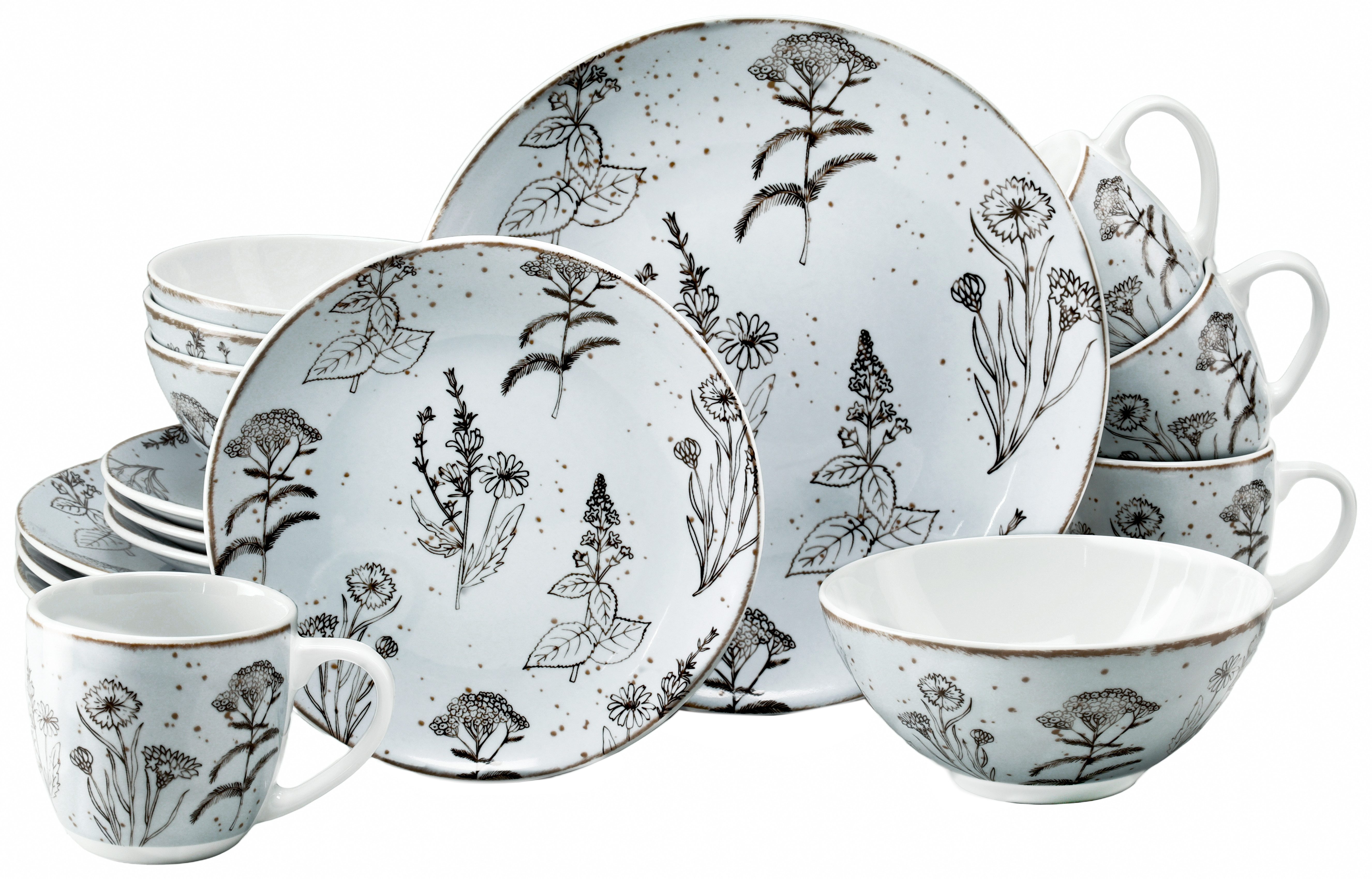 CreaTable Kombiservice Geschirr-Set Vintage Flowers (16-tlg), 4 Personen, Porzellan, Service, Dekor mit Blüten und Gräsern, 16 Teile, für 4 Personen
