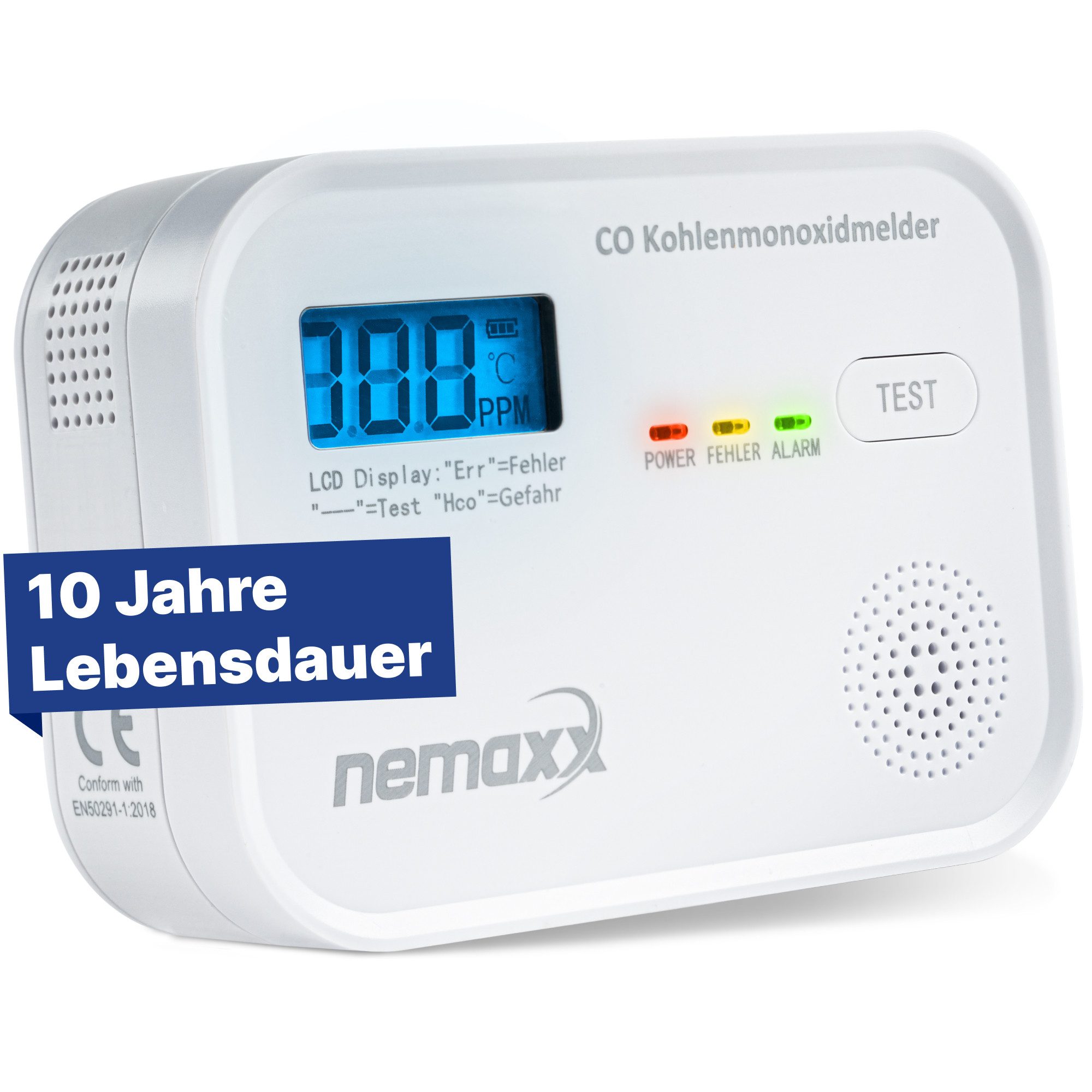 NEMAXX CM18 Kohlenmonoxid-Melder LCD 85 dB Alarm EN 50291-1:2018 Testtaste 1x CO-Melder (Elektrochemischer Sensor/3x AA LR6-Batterien/10 Jahre Lebensdauer)