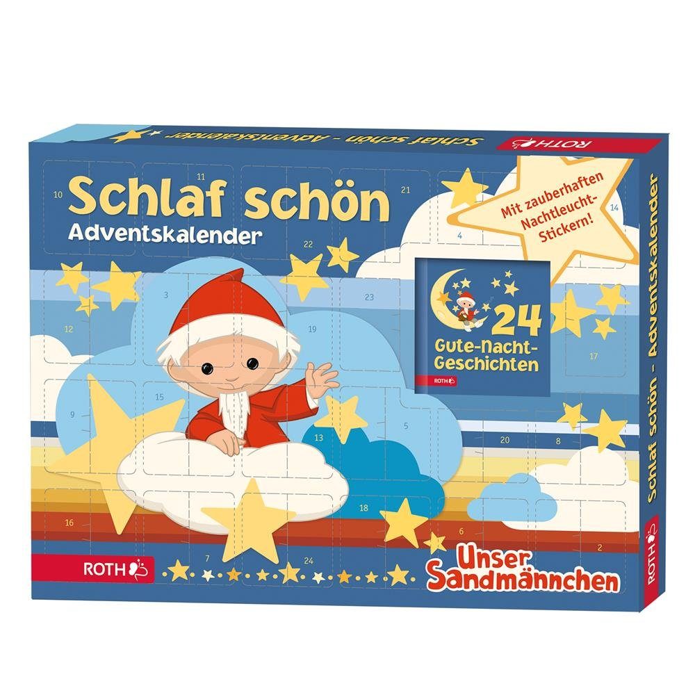 Roth Adventskalender Unser Sandmännchen - Schlaf schön, Leuchtsticker und Geschichtenbuch, für Kinder ab 3 Jahren