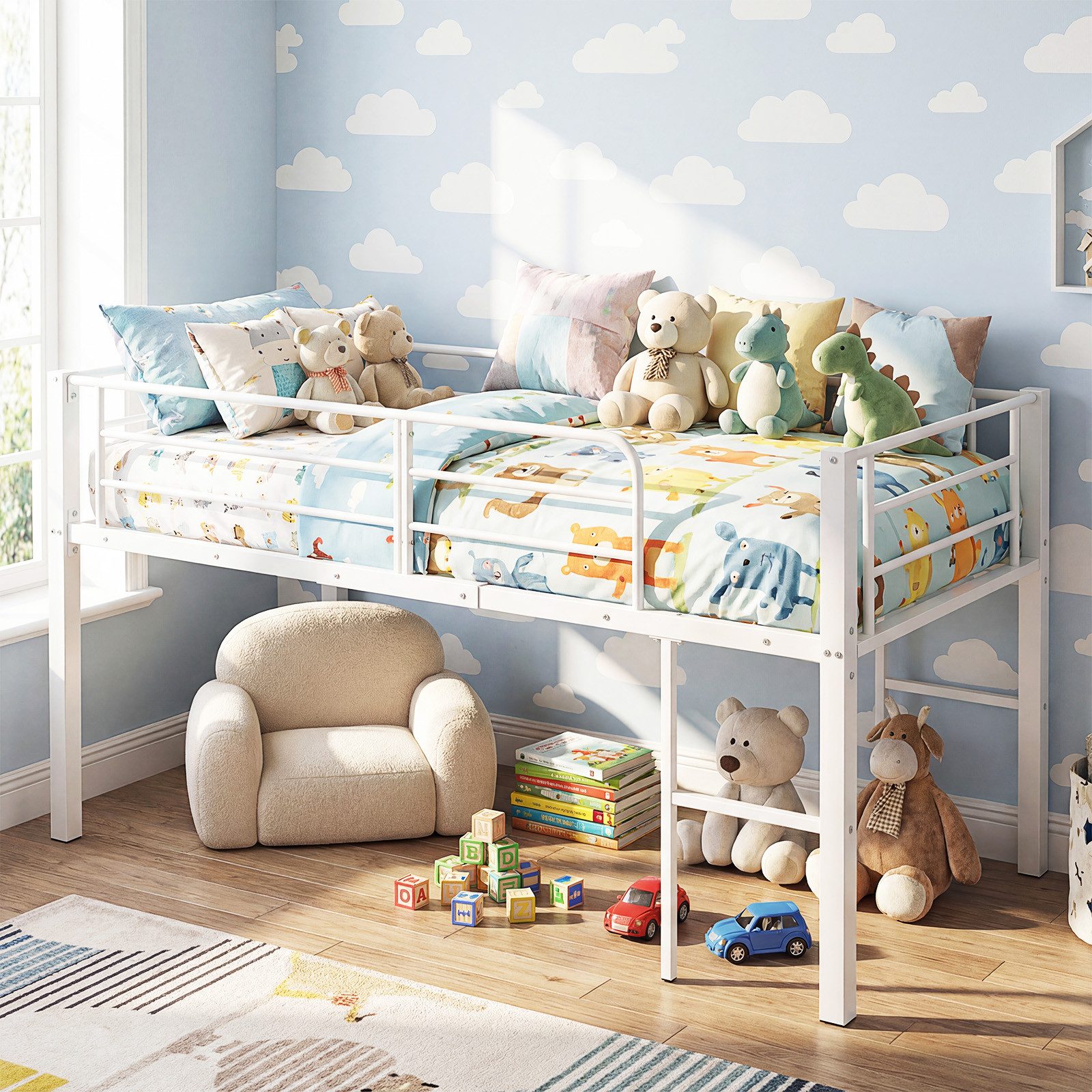 COSTWAY Kinderbett (1-tlg), Hochbett, Bettgestell, mit 2 Leitern, Sicherheitsgeländern