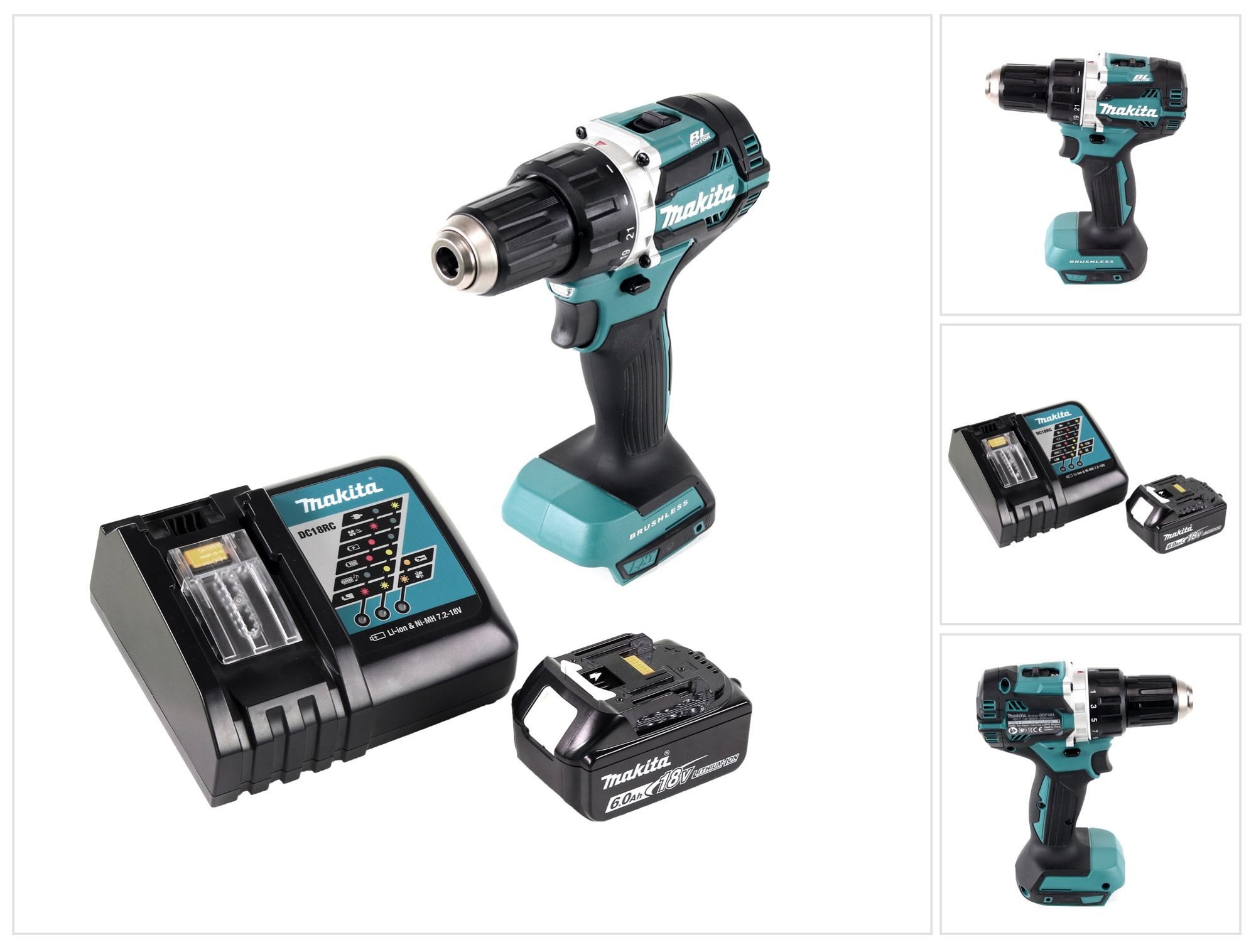 Makita Säulenbohrmaschine DDF 484 RG1 Akku Bohrschrauber Brushless 18 V 54 Nm + 1x Akku 6,0 Ah