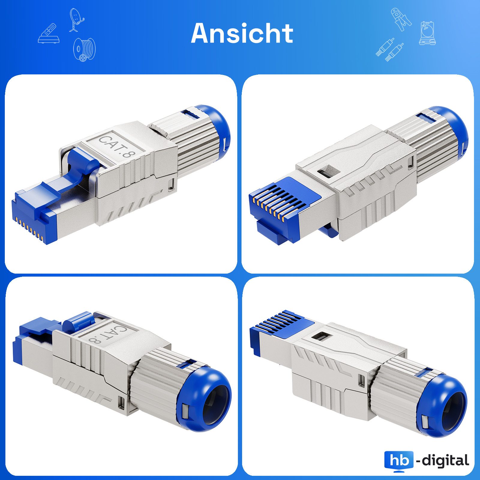 HB-DIGITAL Netzwerkstecker Netzwerkstecker RJ45 CAT8 LAN Stecker, 50 Mikrozoll vergoldet auf der Kontaktoberfläche
