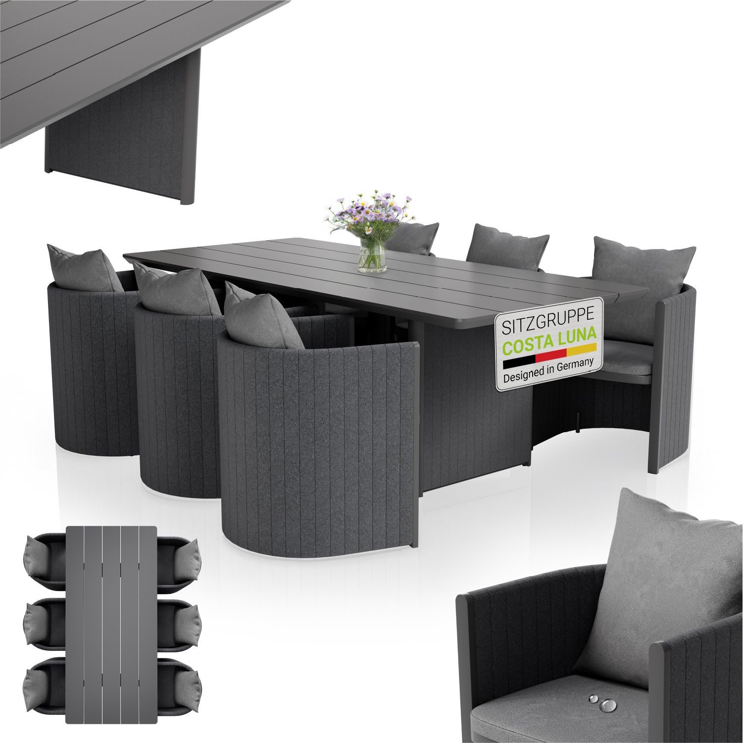 Juskys Garten-Essgruppe Costa Luna, (7-tlg), Pflegeleicht, wetterbeständig, ideal für den Außenbereich
