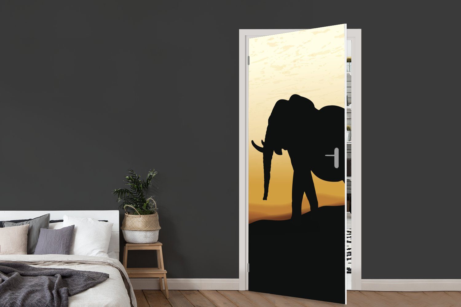 bedruckt, Elefanten Illustration Eine (1 Matt, für afrikanischen cm Türaufkleber, Tür, Fototapete Türtapete bei 75x205 eines St), MuchoWow Sonnenuntergang,