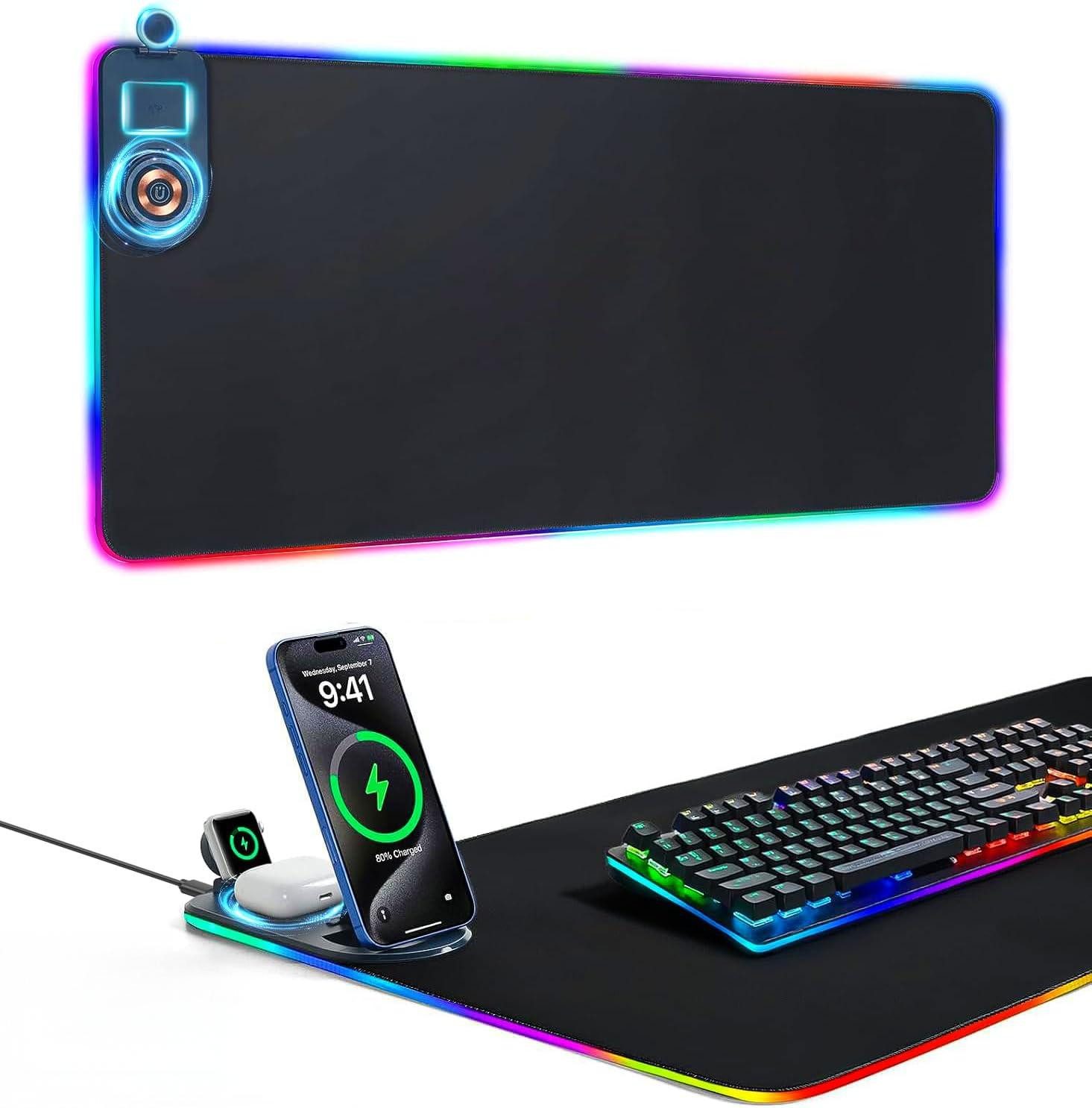 Fyrove Kabellose Ladestation 15W mit XXL RGB Gaming Mauspad 800×300 mm Ladestation (3-in-1 Schreibtischunterlage mit Handyhalterung, Wireless Charger, MagSafe kompatibel, RGB Mauspad, Handyhalter Schreibtisch)