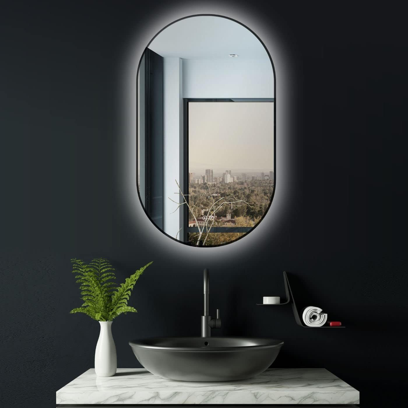 HOKO Badspiegel mit - + Wandspiegel und Touch Licht LED Wandschalter (Warmweiß Oval Wechsel - Design Glass) Kaltweiß HD Memory-Funktion.IP44, LED Neutral. Schalter 4mm einschaltbar. mit Antibeschlag