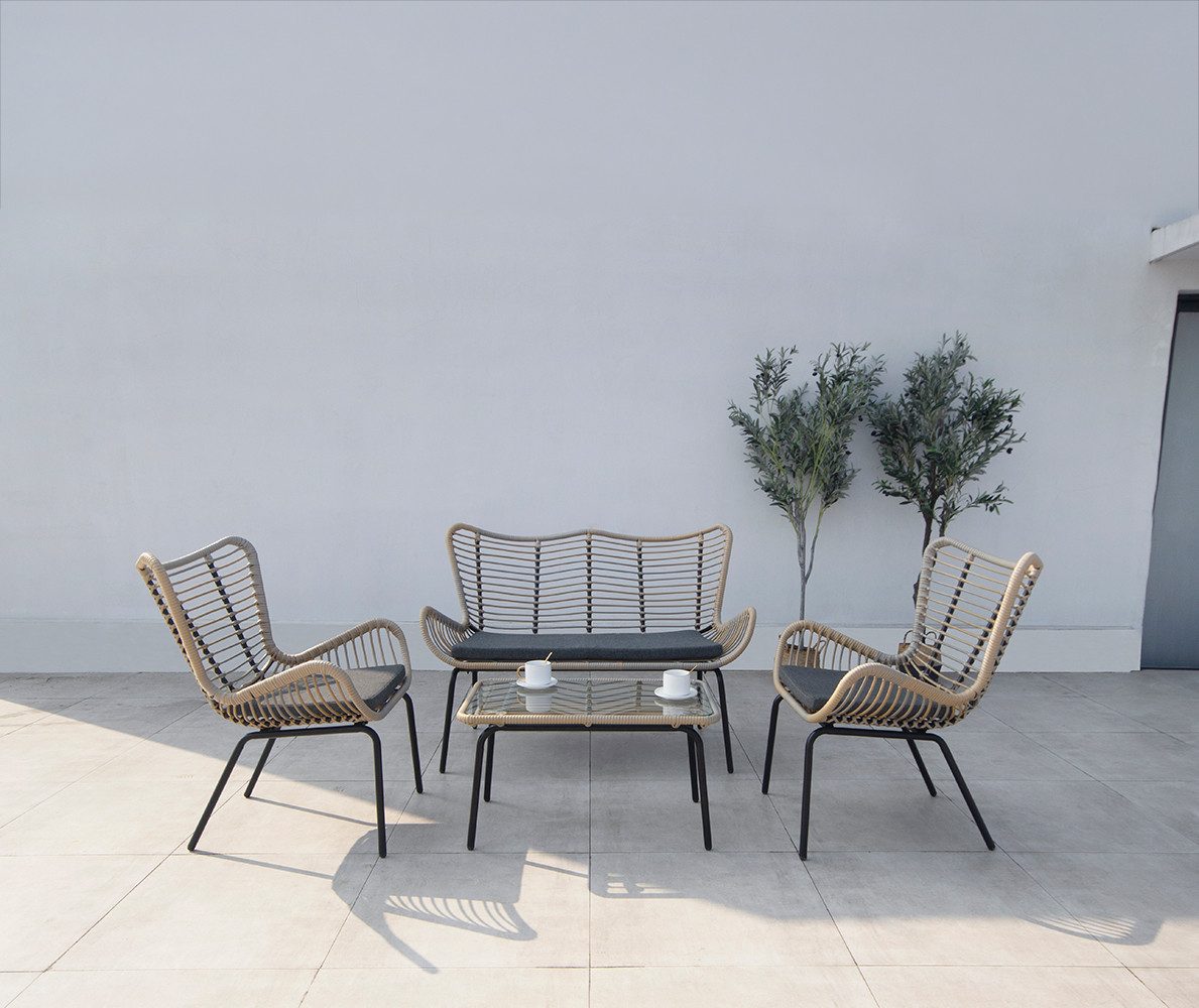 acamp Gartenlounge-Set Polyrattan Sitzgruppe 4-teilig, Stahl, Sicherheitsglas, wetterfest, (Spar-Set, 4-tlg., 4-teilig: Bank, 2 Sessel & Tisch), wetterfest, pflegeleicht, FlexMesh Polyrattan, Sicherheitsglas