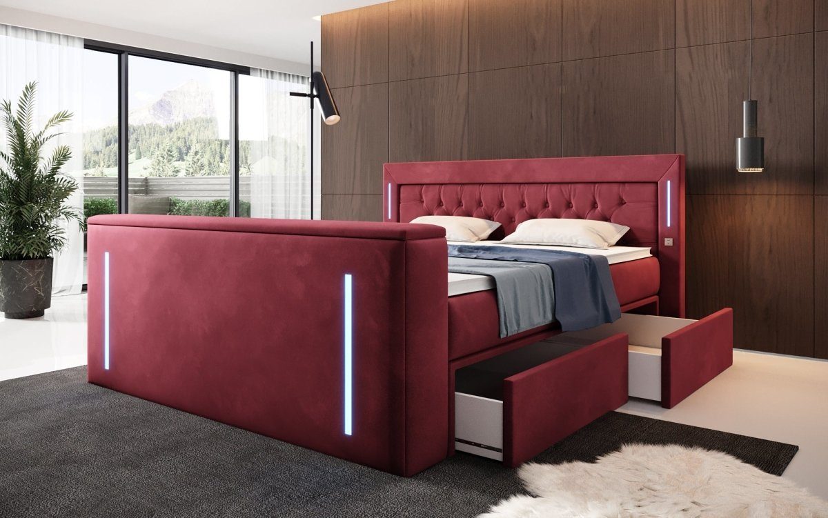 und Red mit Schubladen) TV Divaneo, Lift (2 Stauraum Luxusbetten24 Boxspringbett