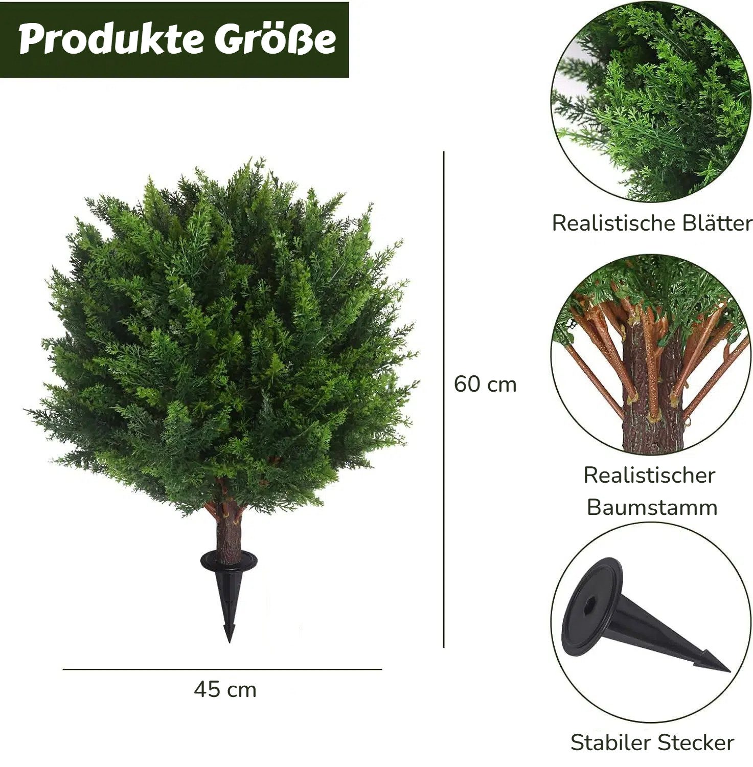 Kunstbaum 2 Stück Kunstpflanze, Künstliche Pflanzen, Kugelbäume mit Erdspieß, BlingBin, Höhe 60 cm, UV-beständige Kunststräucher für Garten, Veranda, Zimmer, Vorgarten