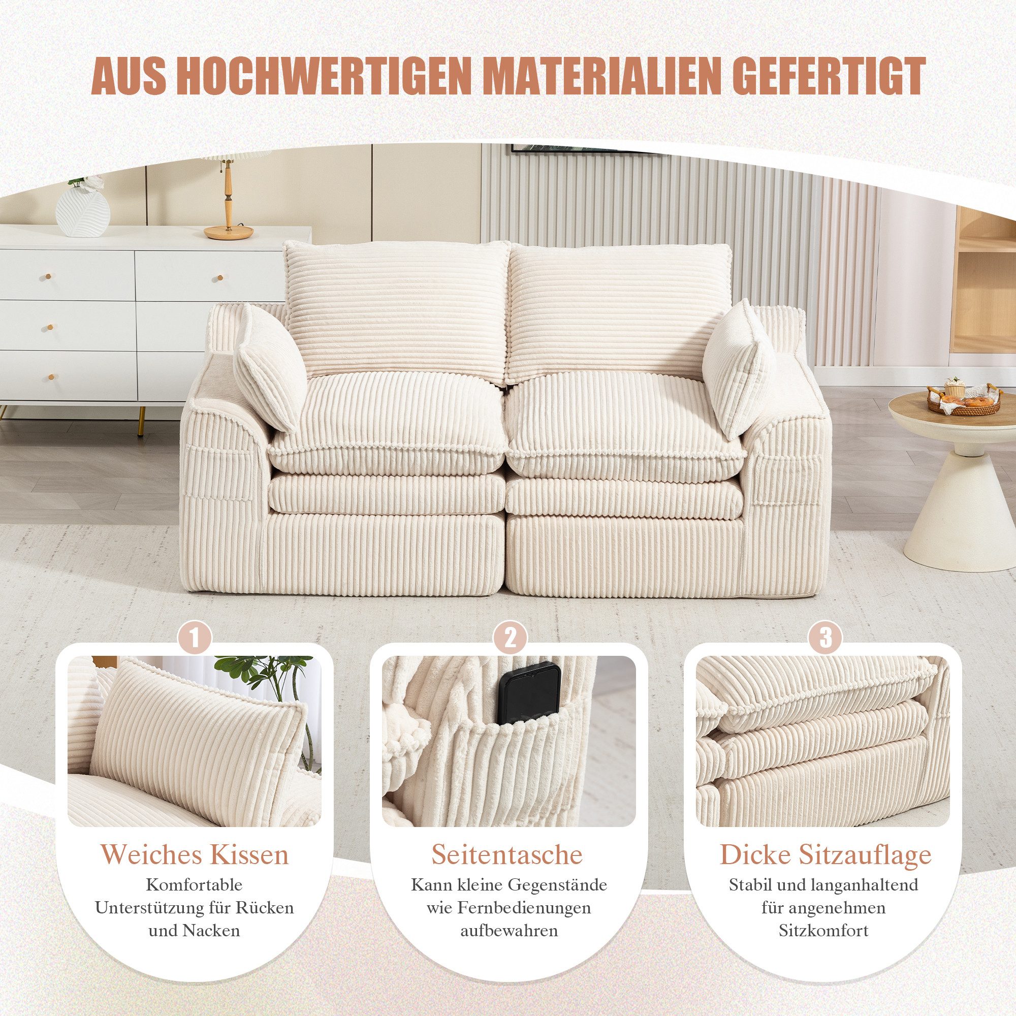 OKWISH Sofa Loungesofa, zwei unterschiedlich großen Seitentaschen, 3-lagigem Schaumstoff + Federkern