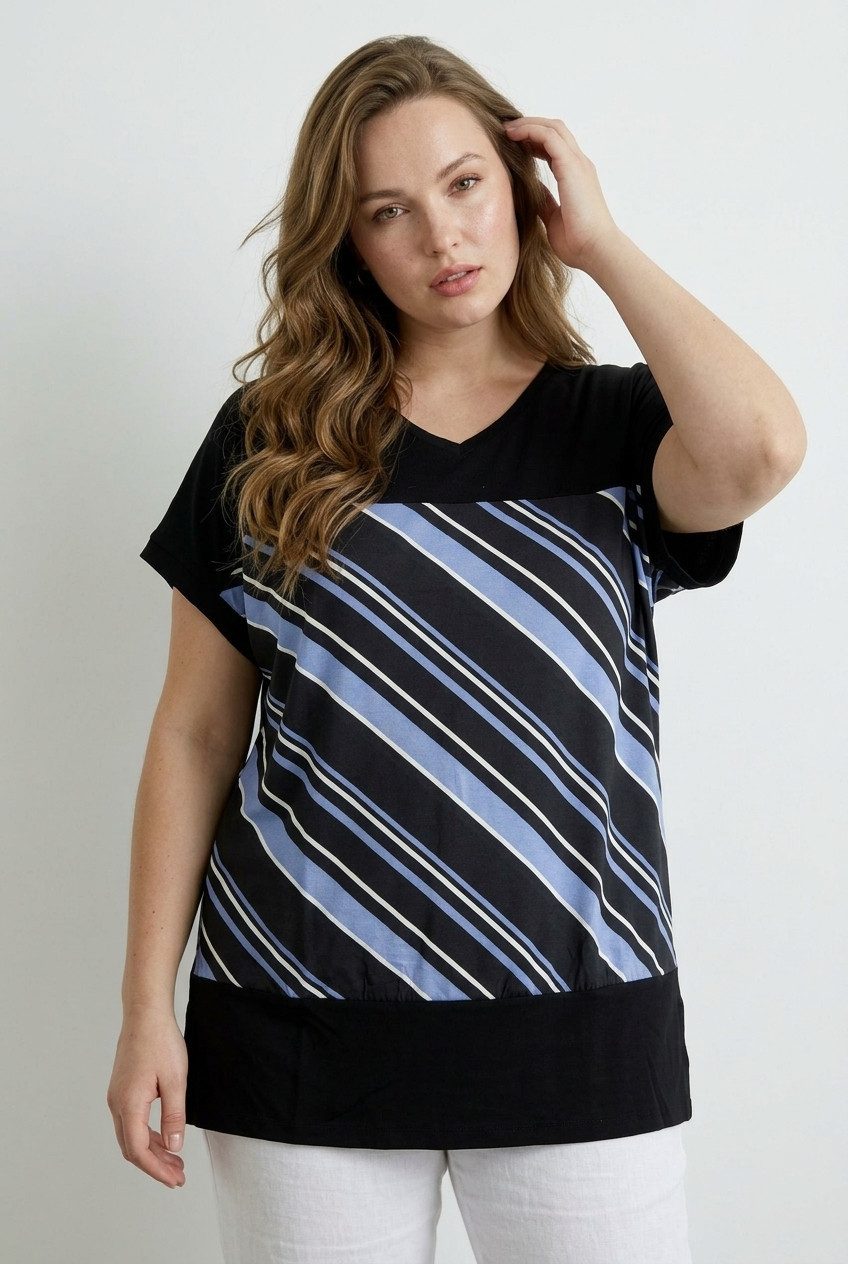 Stil Diva T-Shirt Übergrößen V-Ausschnitt Streifen T-Shirt