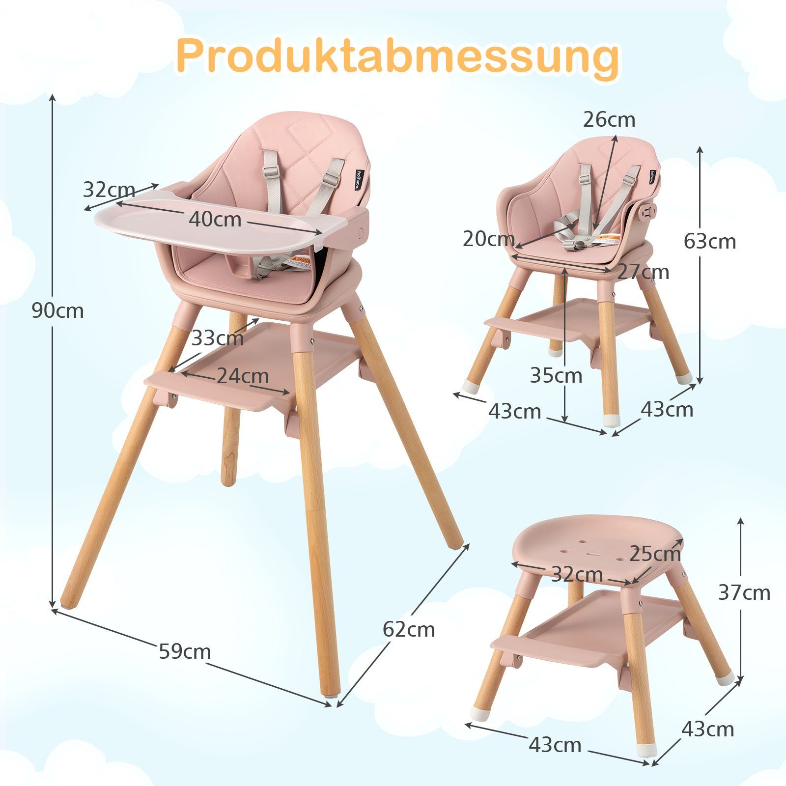 COSTWAY Hochstuhl 6 in 1 rosa abnehmbar Kombihochstuhl