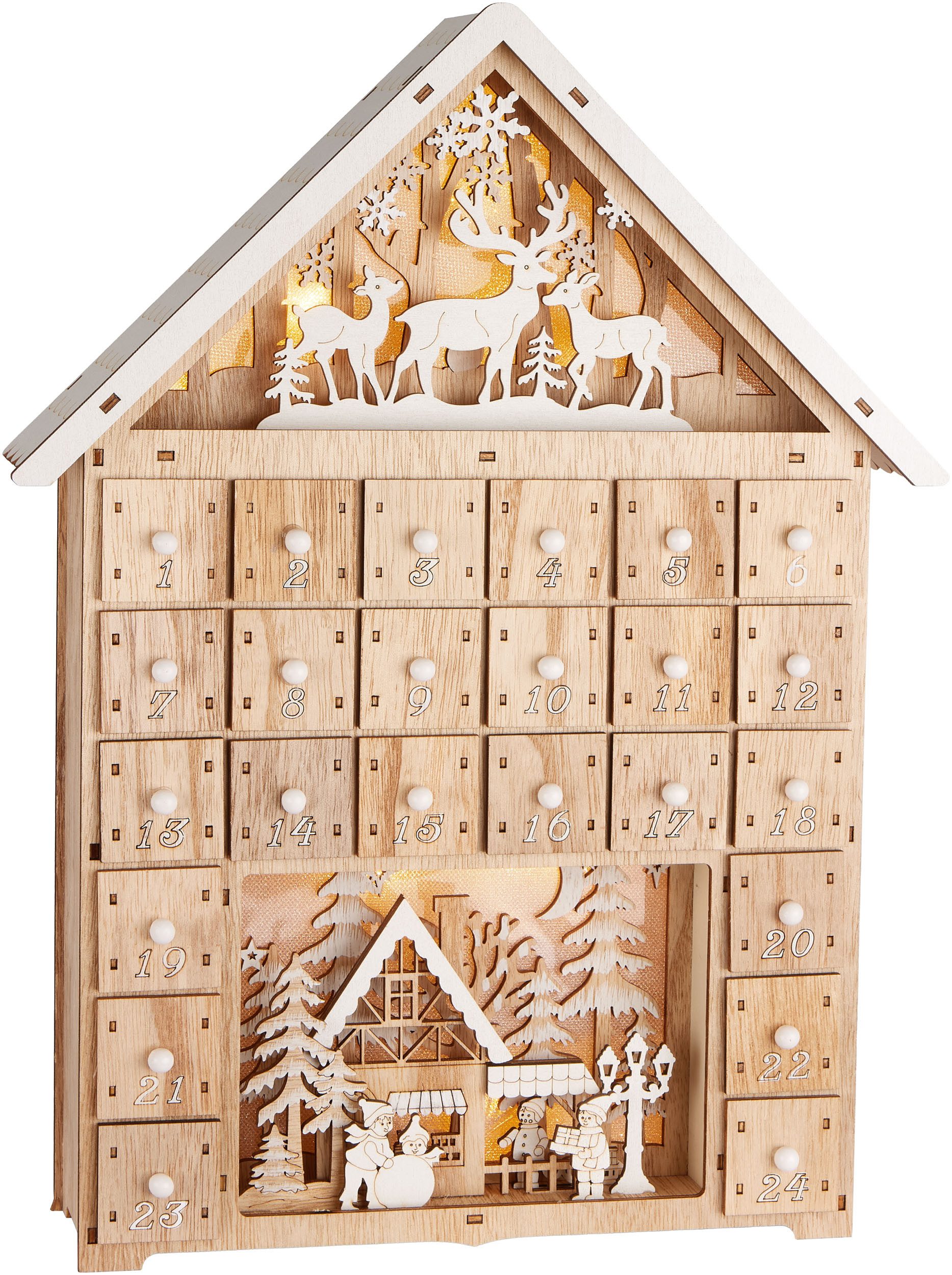 BRUBAKER befüllbarer Adventskalender Weihnachtshaus - 40 cm Holz Weihnachtskalender + LED Beleuchtung (Haus Adventskalender zum Befüllen - Beleuchtet, 1-tlg), Rentiere im Wald, Schnee Dorf mit Kindern
