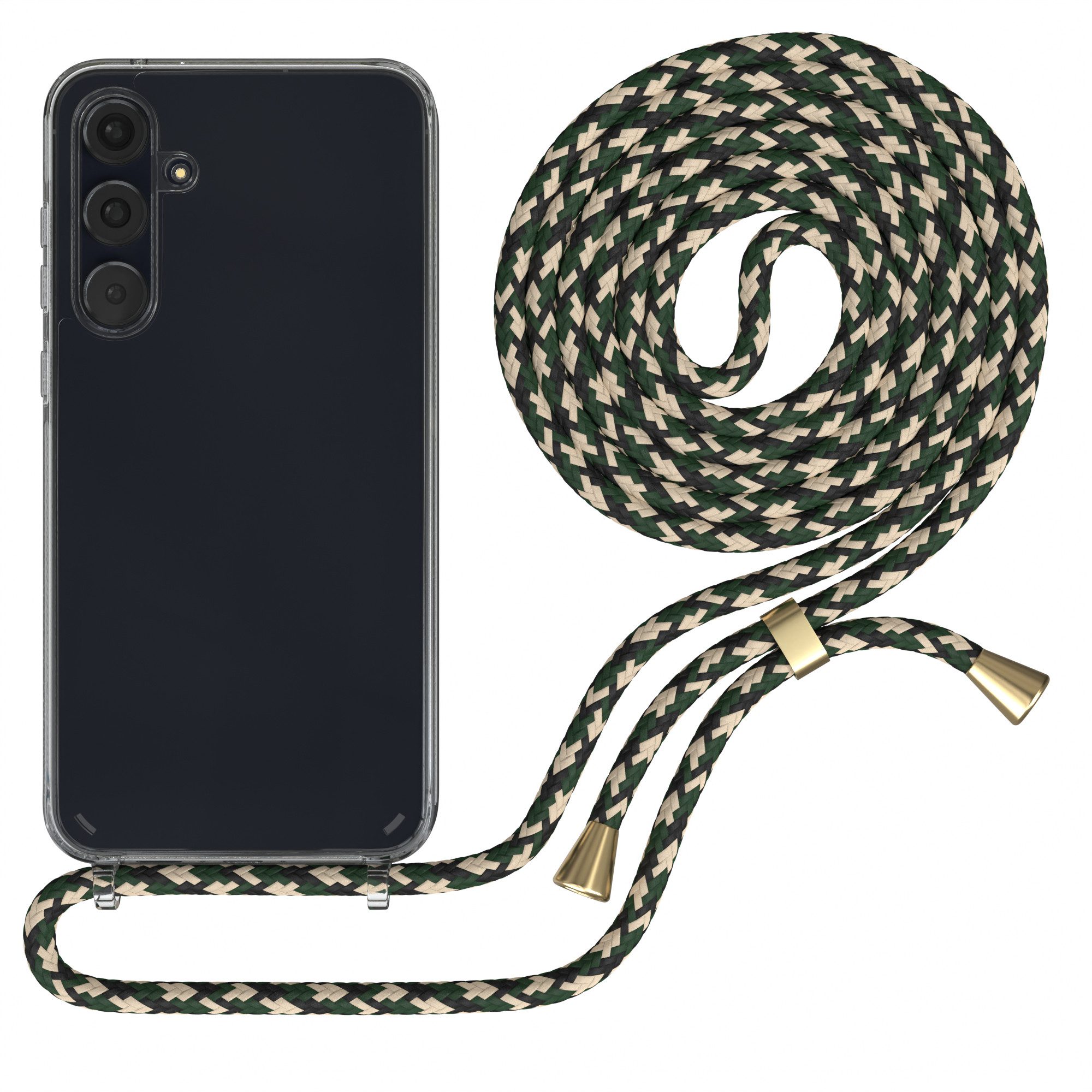 EAZY CASE Handykette Hülle mit Kette für Samsung Galaxy A55 6,6 Zoll, Handykette zum Umhängen Hülle mit Kordel Rundes Band Grün Camouflage