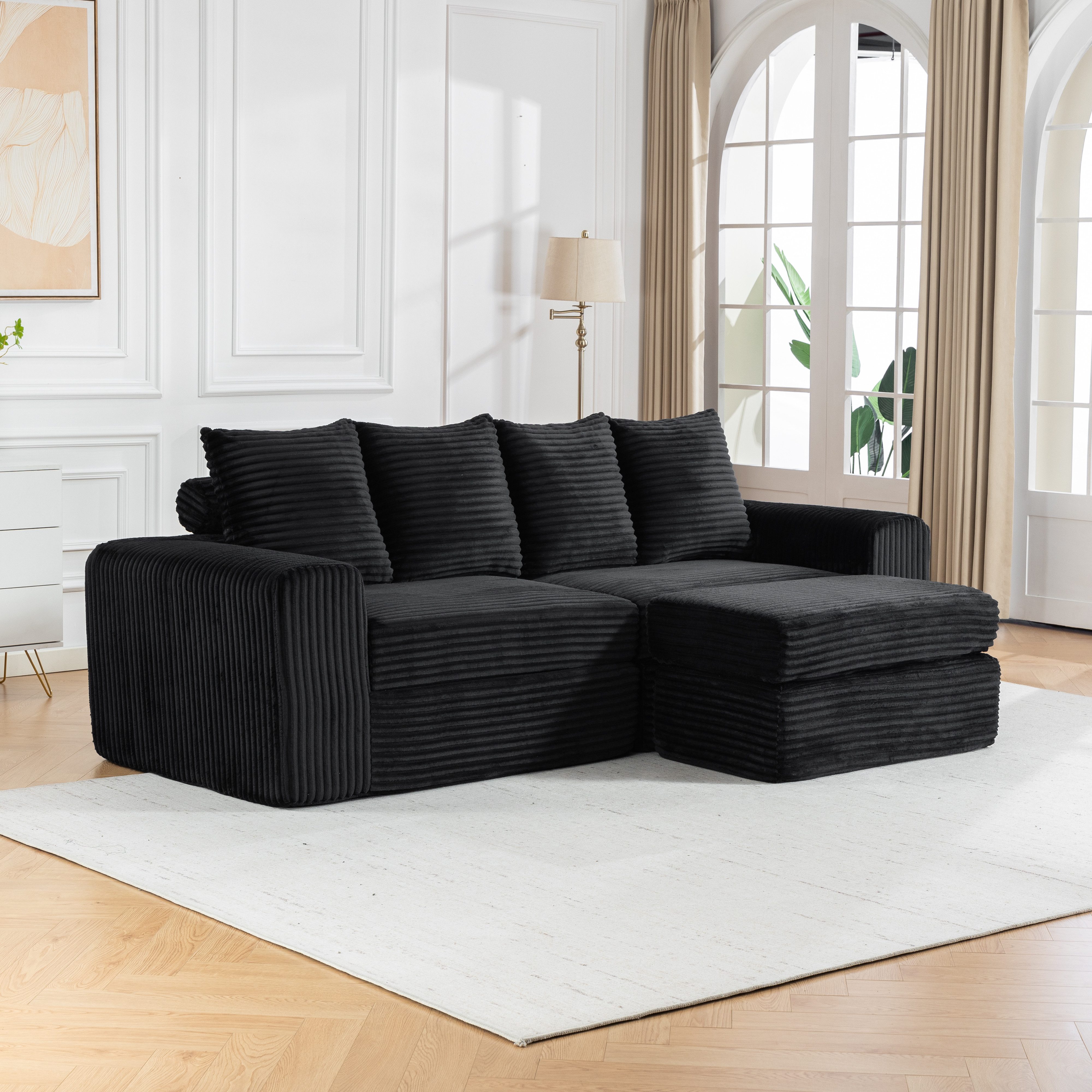 Sinaopus Ecksofa Modulares Ecksofa mit Fußhocker aus Cord, breite Sitzfläche, Bequemes Wohnzimmersofa mit flexiblem Hocker und weicher Polsterung, Eckcouch