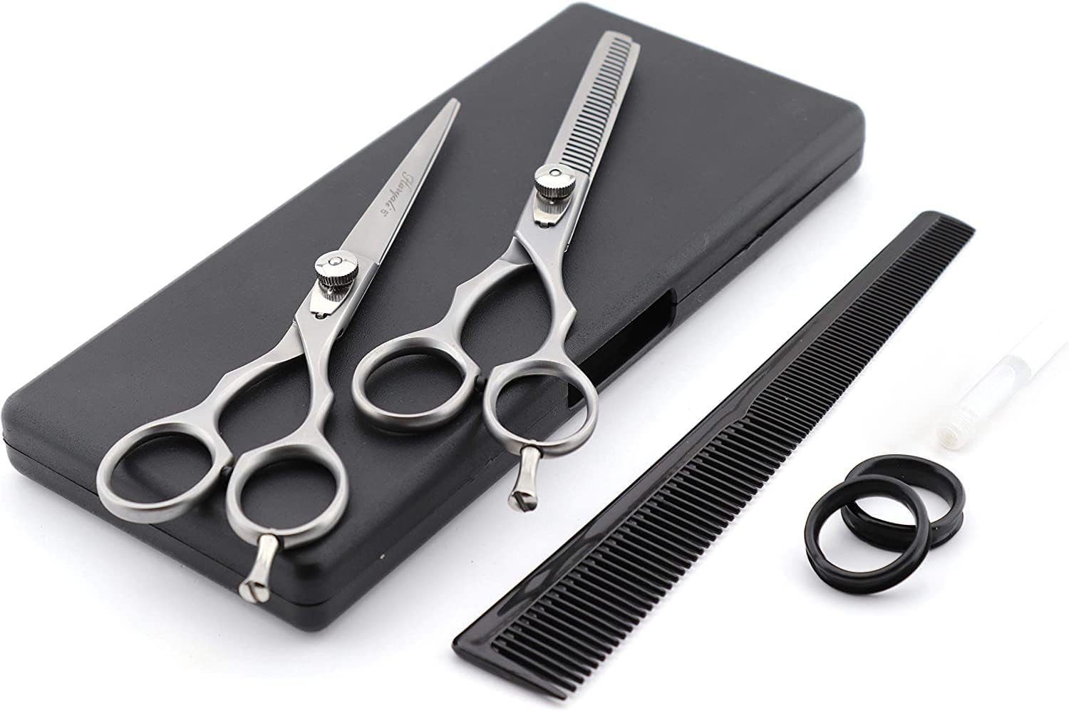 Haryali London Haarschere Friseurscheren-Set, Friseursalon, Effilierschere für Männer, (Paar, 2-tlg., Schneideschere, Ausdünnende Schere, box, Putztuch, Kamm), einstellbar scharf