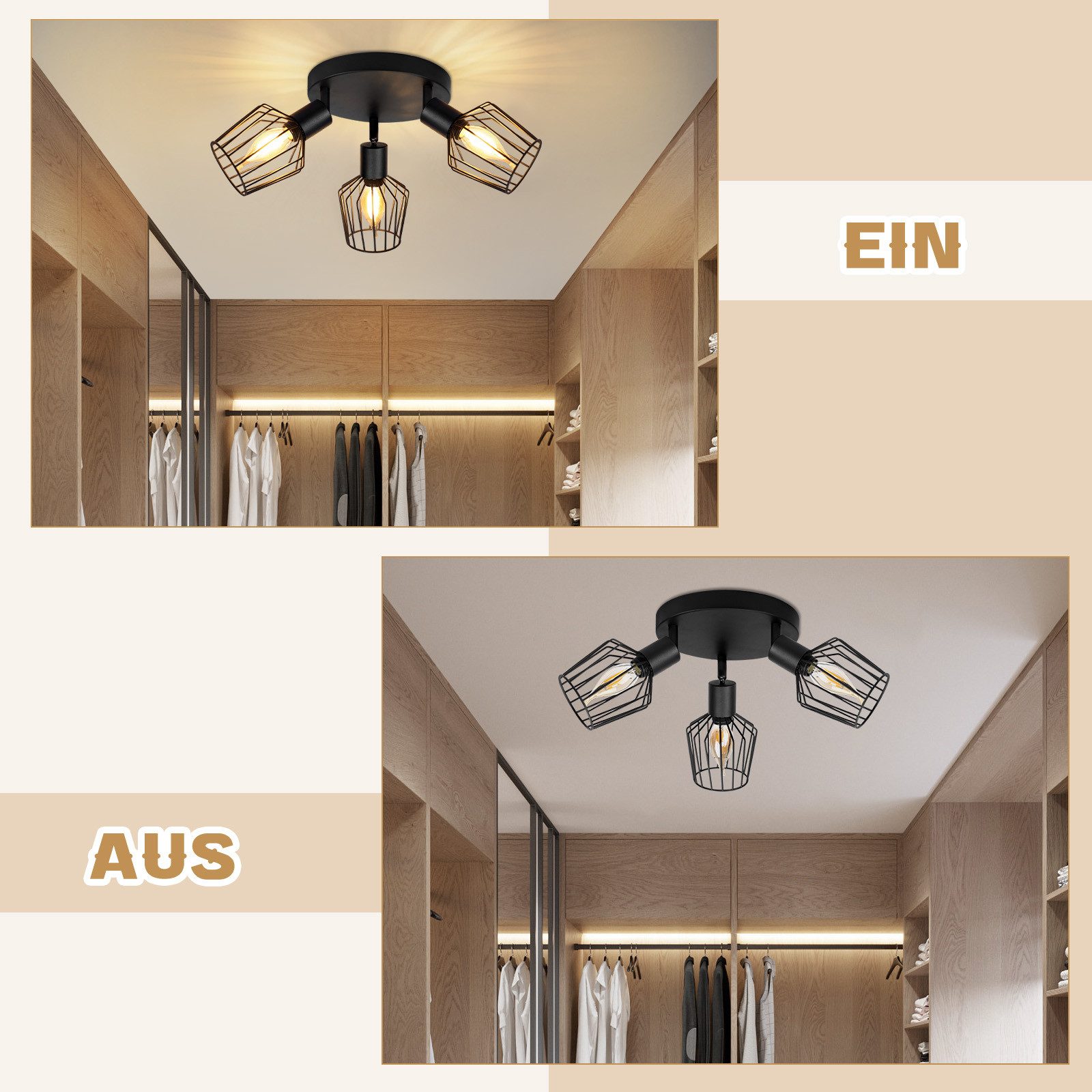 ZMH Deckenleuchte Wohnzimmer 3 Flamming - Rund Deckenspot für Flur Max.25W, Einfache Installation, ohne Leuchtmittel, Schwenbar 350° Rund Spotlight für Hotel