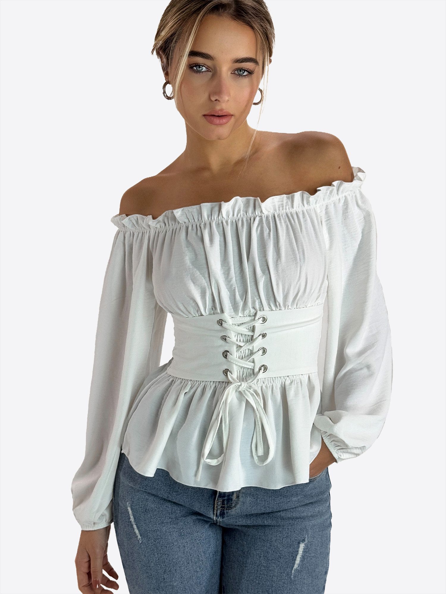 Elara Blusentop Damen Carmenbluse mit Schnürung, Smokbund und Ballonärmeln