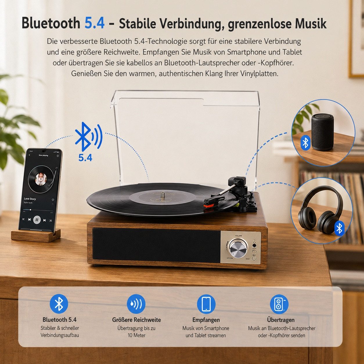 Fofile Bluetooth 5.4 Schallplattenspieler mit 2 Stereo-Lautsprecher 3-Gang Plattenspieler (Vinyl Player, unterstützt Kopfhörer/AUX-Eingang/RCA-Ausgang/USB) – Bild 5 von 5