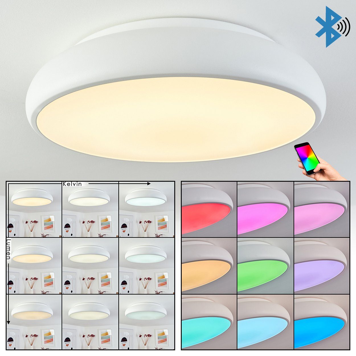 hofstein Deckenleuchte »Fiumedinisi« dimmbare Deckenlampe, RGB Farbwechsler aus Metall, Weiß, CCT 2700-6500 Kelvin, über Smart App bedienbar, RGB LED, 3400 Lumen, Bluethooth