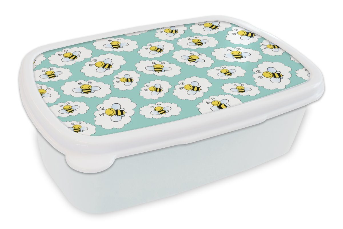 MuchoWow Lunchbox Biene - Insekten - Muster - Grün, Kunststoff, (2-tlg), Brotbox für Kinder und Erwachsene, Brotdose, für Jungs und Mädchen weiß