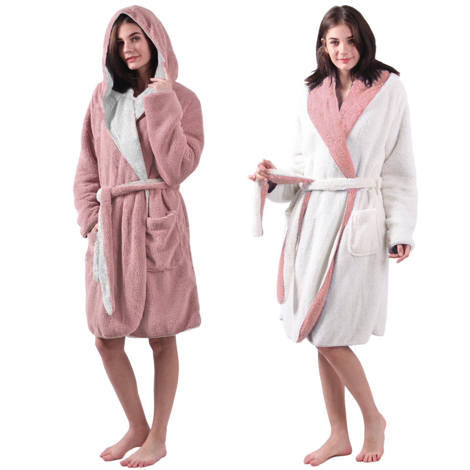 HOMELEVEL Bademantel Sherpa Wende Bademantel - Lammfell-Optik - Kapuze - Damen/Herren, Polyester