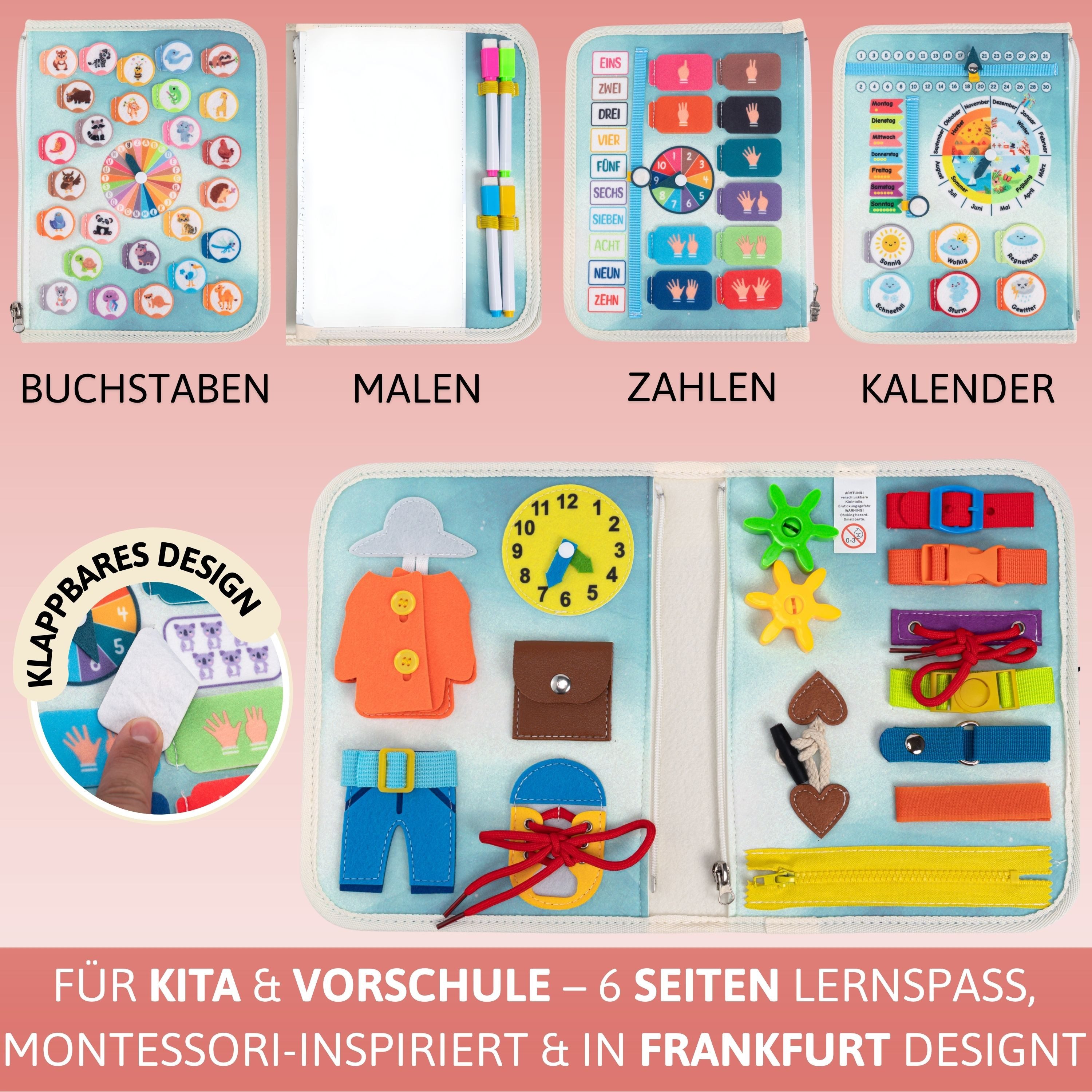 Lions Collection Lernspielzeug Busy Board Deutsch - vernäht - Montessori Spielzeug - Motorikmappe – Bild 4 von 5