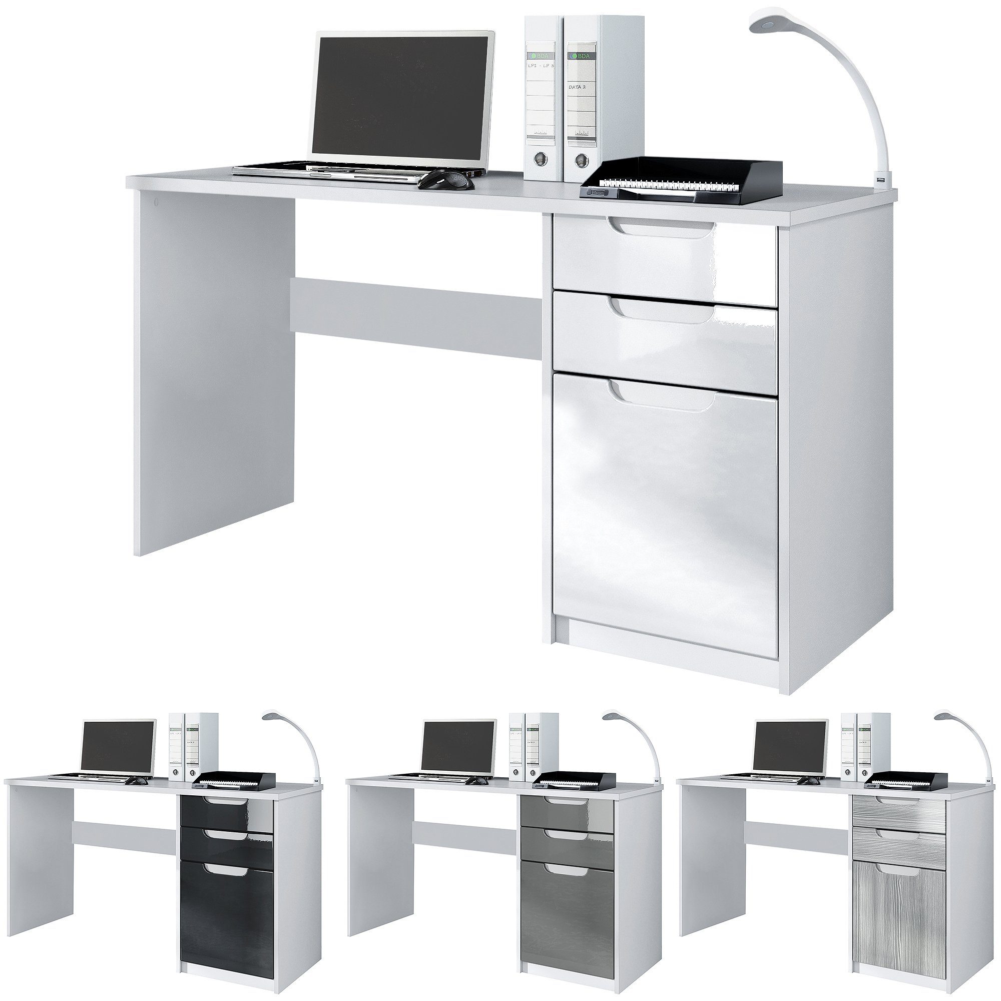 1 Schreibtisch Vladon mit Logan (129 Grau 60 x 2 und 76 Weiß x Tür), matt/Grau Hochglanz (Bürotisch, Fronten Schubladen Hochglanz cm) in