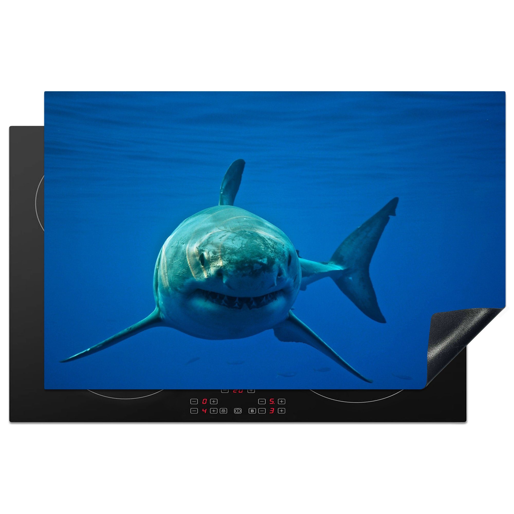 MuchoWow Herdblende-/Abdeckplatte Weißer Hai schwimmt im Ozean, Vinyl, (1 tlg), 81x52 cm, Induktionskochfeld Schutz für die küche, Ceranfeldabdeckung