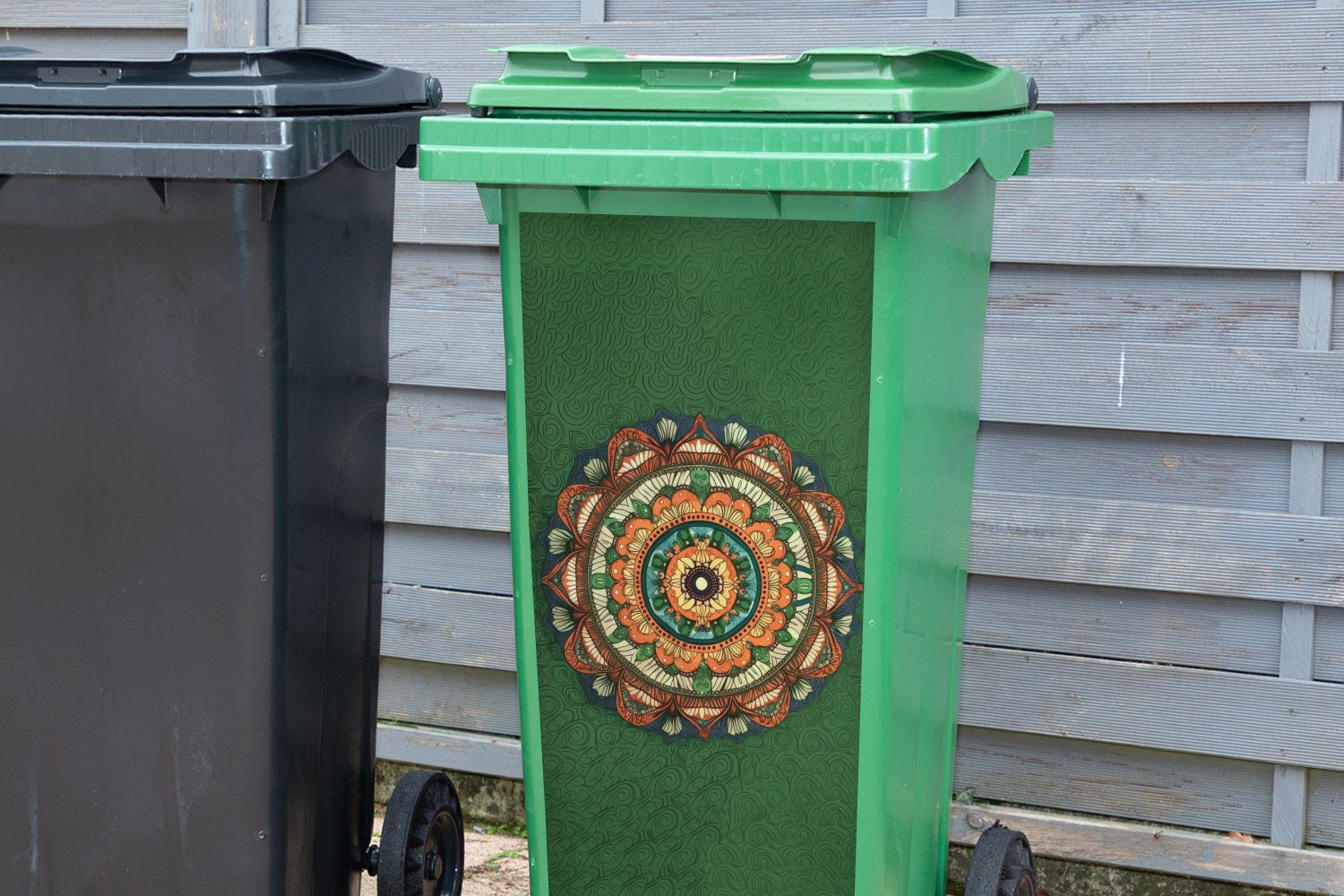 MuchoWow Wandsticker Mandala - Container, Hippie Mülleimer-aufkleber, (1 Abfalbehälter St), - Sticker, Blumen - Mülltonne, Orange