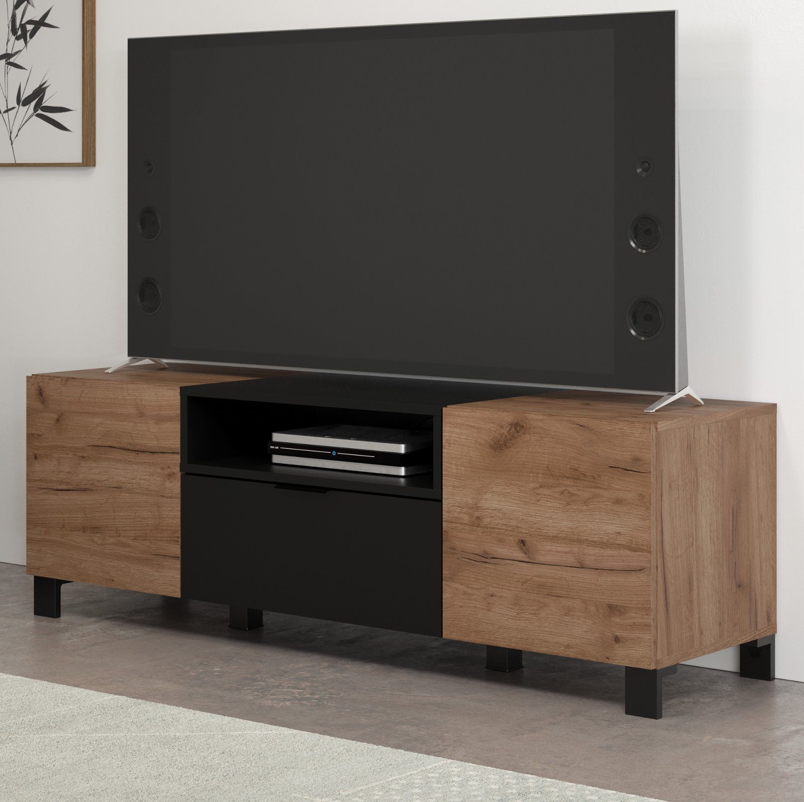 trendteam Lowboard Kendo (Fernseher Unterschrank in Eiche und schwarz, 144  x 47 cm), mit viel Stauraum