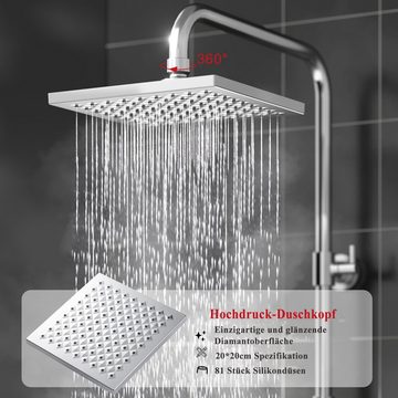 Rainsworth Duschsystem 3 Funktionen Duschsystem ohne Armatur, Höhe 114 cm, Set, Duschset Duschstangeset Duschsäuleset, eckig Regenduschset mit Kopfbrause 20x20cm für Badezimmer, Chrom