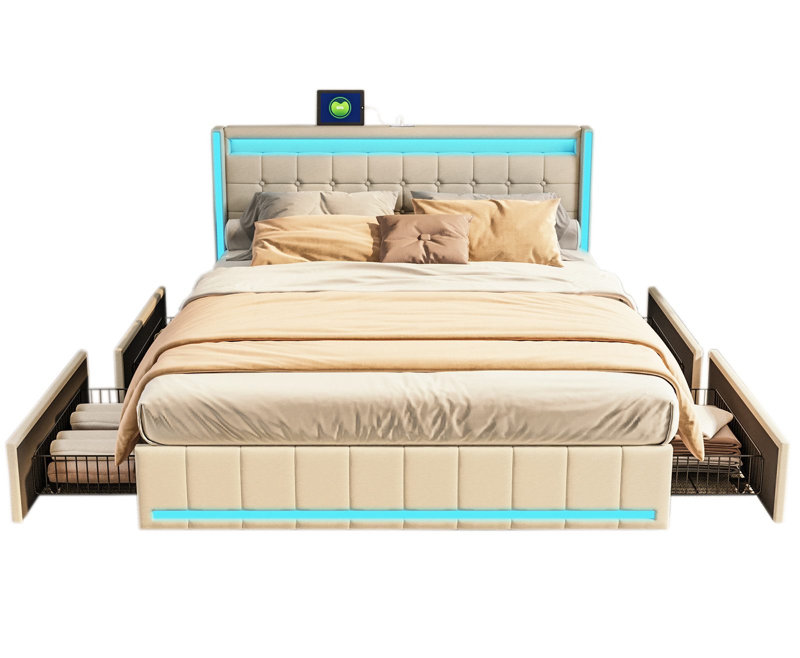 FUROKOY Stauraumbett Polsterbett Doppelbett mit LED-Beleuchtung günstig online kaufen