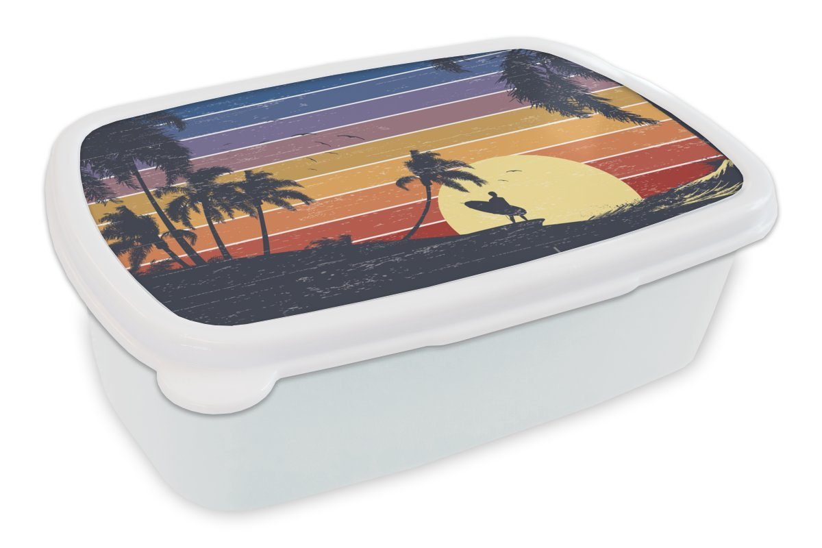 MuchoWow Lunchbox Illustration eines Surfers bei Sonnenuntergang, Kunststoff, (2-tlg), Brotbox für Kinder und Erwachsene, Brotdose, für Jungs und Mädchen weiß