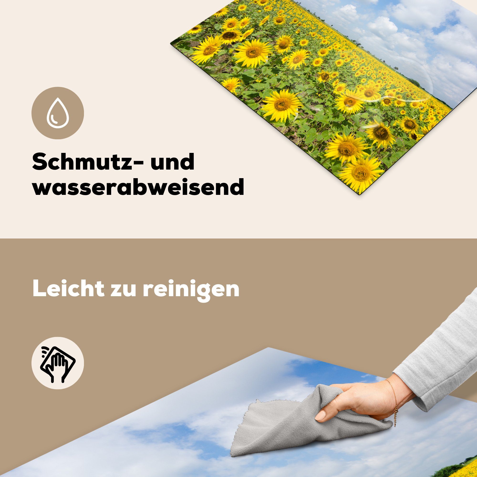 MuchoWow Herdblende-/Abdeckplatte Ceranfeldabdeckung Induktionskochfeld, Sonnenblumen Landschaft, cm, - - - Vinyl, (1 - tlg), Natur Gelb - Wolken Induktionsschutz, Blumen 59x51